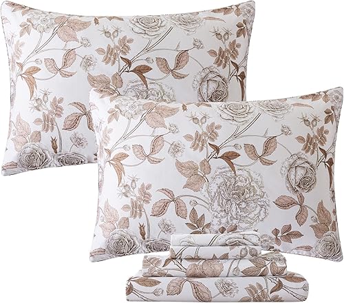 FADFAY Juego de sábanas de tamaño Queen, vintage, color blanco y marrón, diseño floral, elegante juego de sábanas de peonía, 100% algodón egipcio,