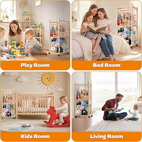 Miniatura 7 de Almacenamiento de animales de peluche organizador de juguetes de peluche de madera, zoológico de animales de peluche con red de malla, soporte para