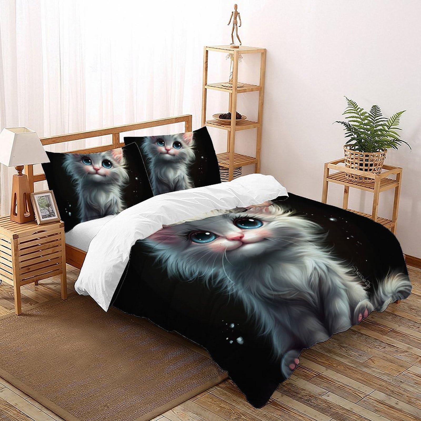 Housse de couette chat noir 260x220 cm avec taies d'oreiller pour lit adulte