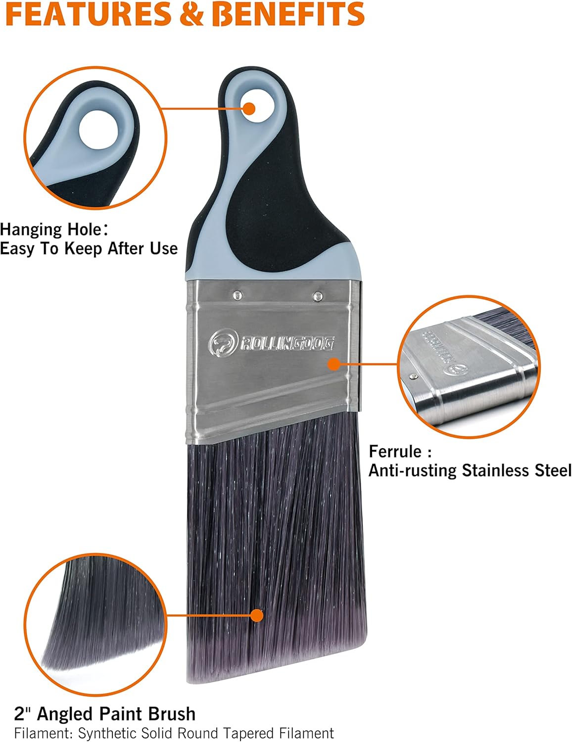 ROLLINGDOG 2 Inch Trim Paint Brush - 1PC 50mm Angled Sash Paint Brush and 1PC Pointed Round Trim Brush for Painting Walls