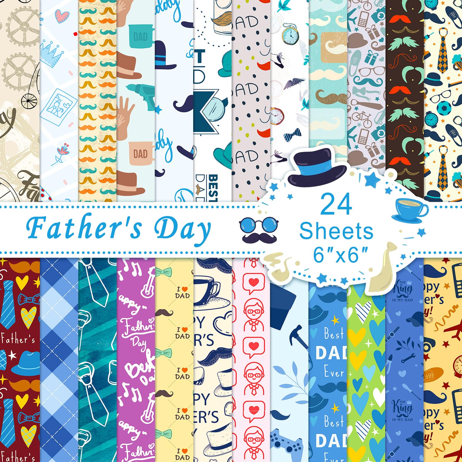 24 Sheets Father Day Scrapbook Paper, 6x6'' 24 Designs Father Day Craft Paper Double-Sided Papermania Folded Flat for Father Day DIY Card Making