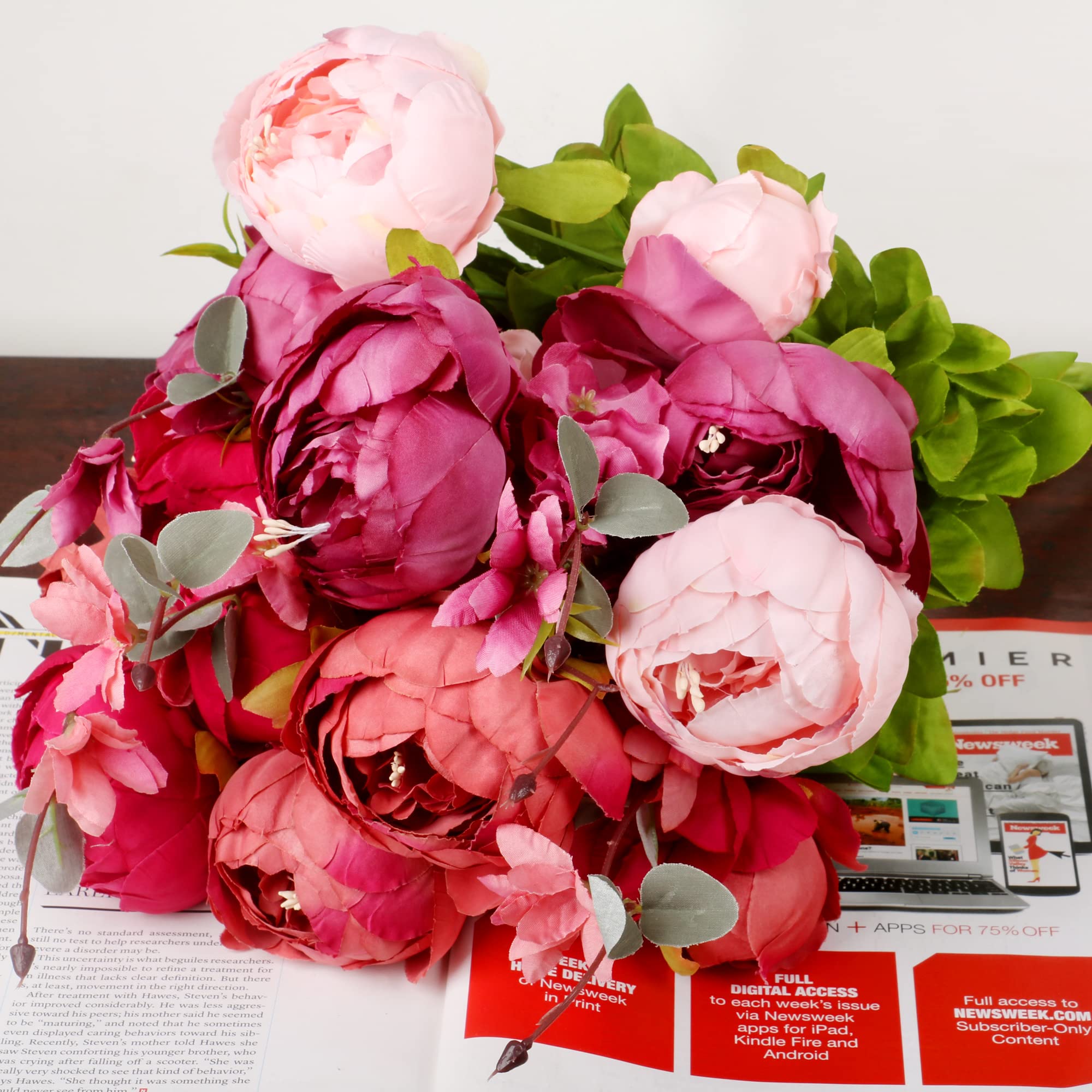 TRIXES Bouquet de 13 Pivoines en Soie, Fleurs Artificielles en Soie, Roses