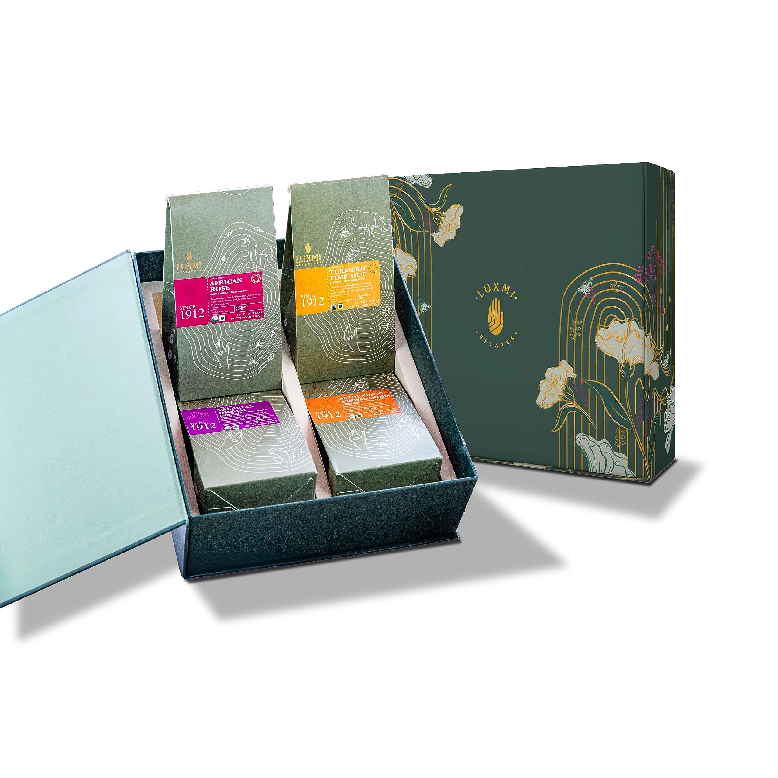 Luxmi Estates Organic Assorted Variety Herbal Tea Gift Set | 4 Herbal Teas, 100 Teabags | Sleep, Stress Relief, Immunity, Tranquility Tea Set | Caffeine Free, Organic (B0CDJXQBBM) Amazon Price History, Amazon Price Tracker