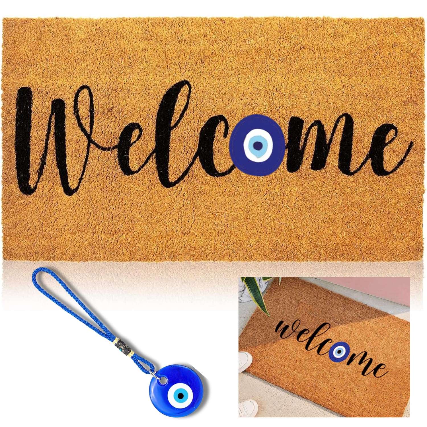 FAH Home Welcome Doormat with free Keychain, Evil Eye Doormat, Indoor Outdoor Durable Non Slip Rug, Indoor Front Door Mat for Shoes