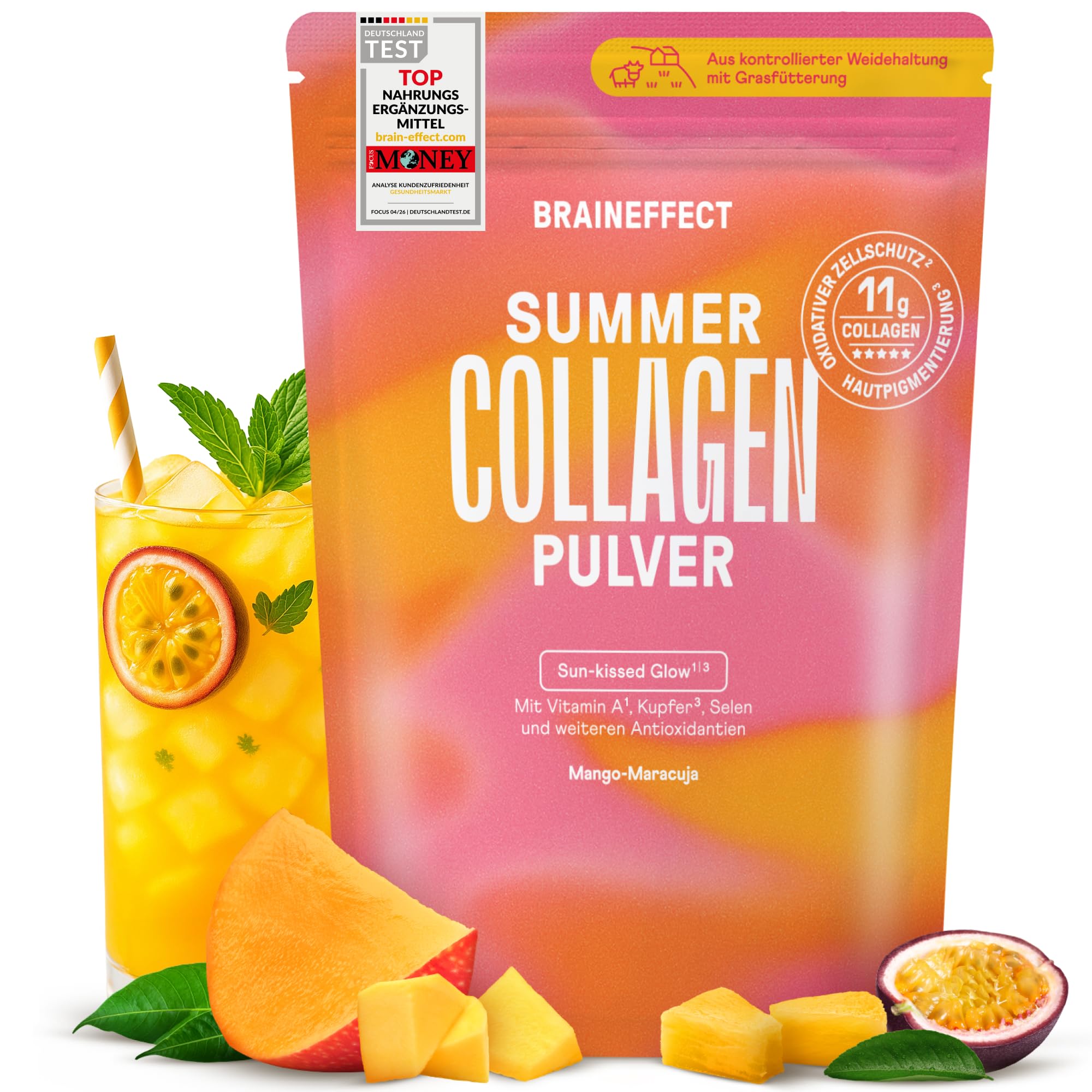 BRAINEFFECT SUMMER COLLAGEN - Pulver für Speisen & Getränke | Peptid Typ 1 und 3 | Fruchtiger Geschmack ohne Zucker | Made in Germany | 450g | Mango-Maracuja