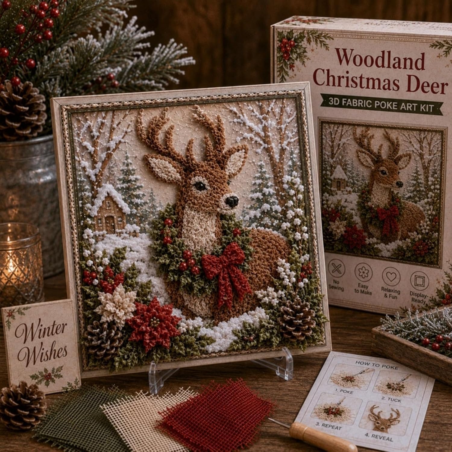 Christmas Fabric Poke Art Kit, 3D Fabric Poke Art Kit for Adults with Pre-Cut Squares, Adult DIY Needle Punch Craft Kit, Vintage Holiday Handmade Decoration，Christmas Deer