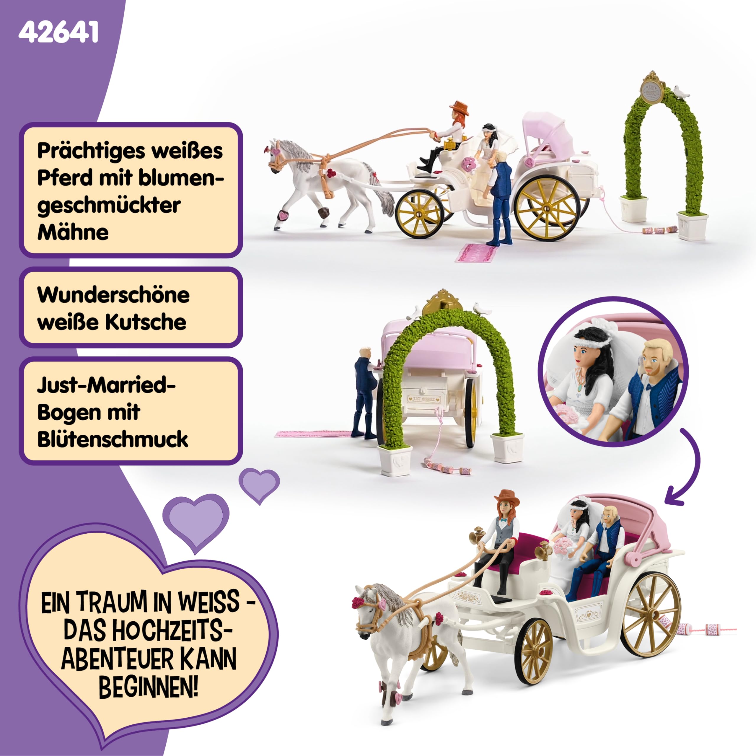 Schleich Horse Club | Hochzeitskutsche 42641 | Brautpaar mit Kutsche, Hannah und Pferd sowie Zubehör | tolles Geschenk für Mädchen und Jungen | Spielzeug für Kinder ab 5 Jahren | Set aus 106 Teilen
