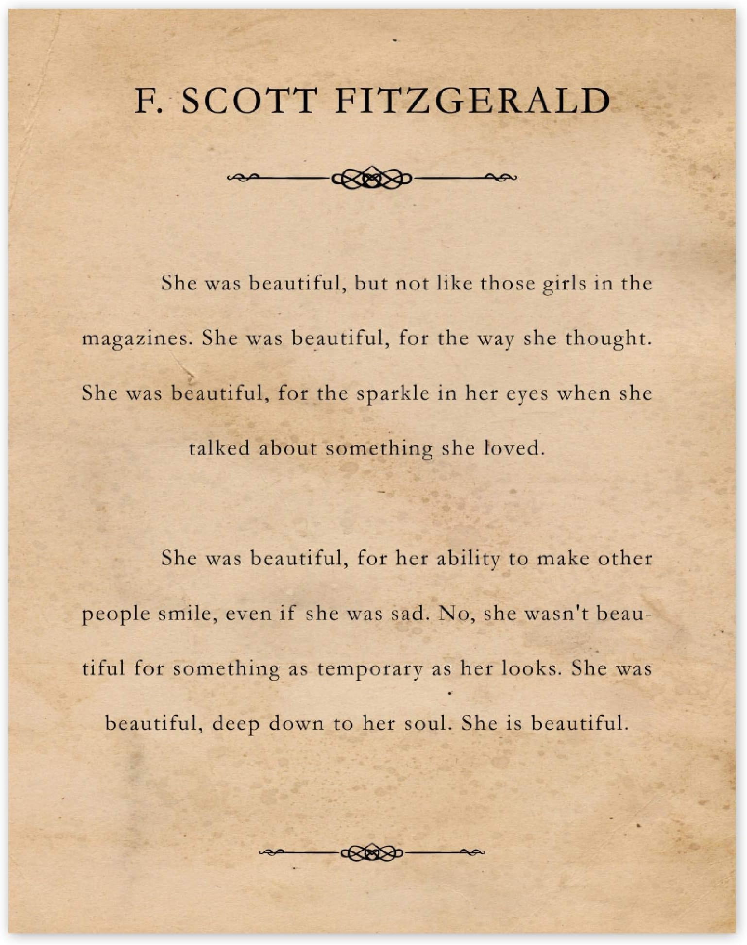F Scott Fitzgerald She Was Beautiful Quote Prints, 1 (11x14) Unframed Typography Book Page Photos, Wall Art Book Decor Gifts Under 15 for Home Office Garage Library Student Teacher Literature Fan