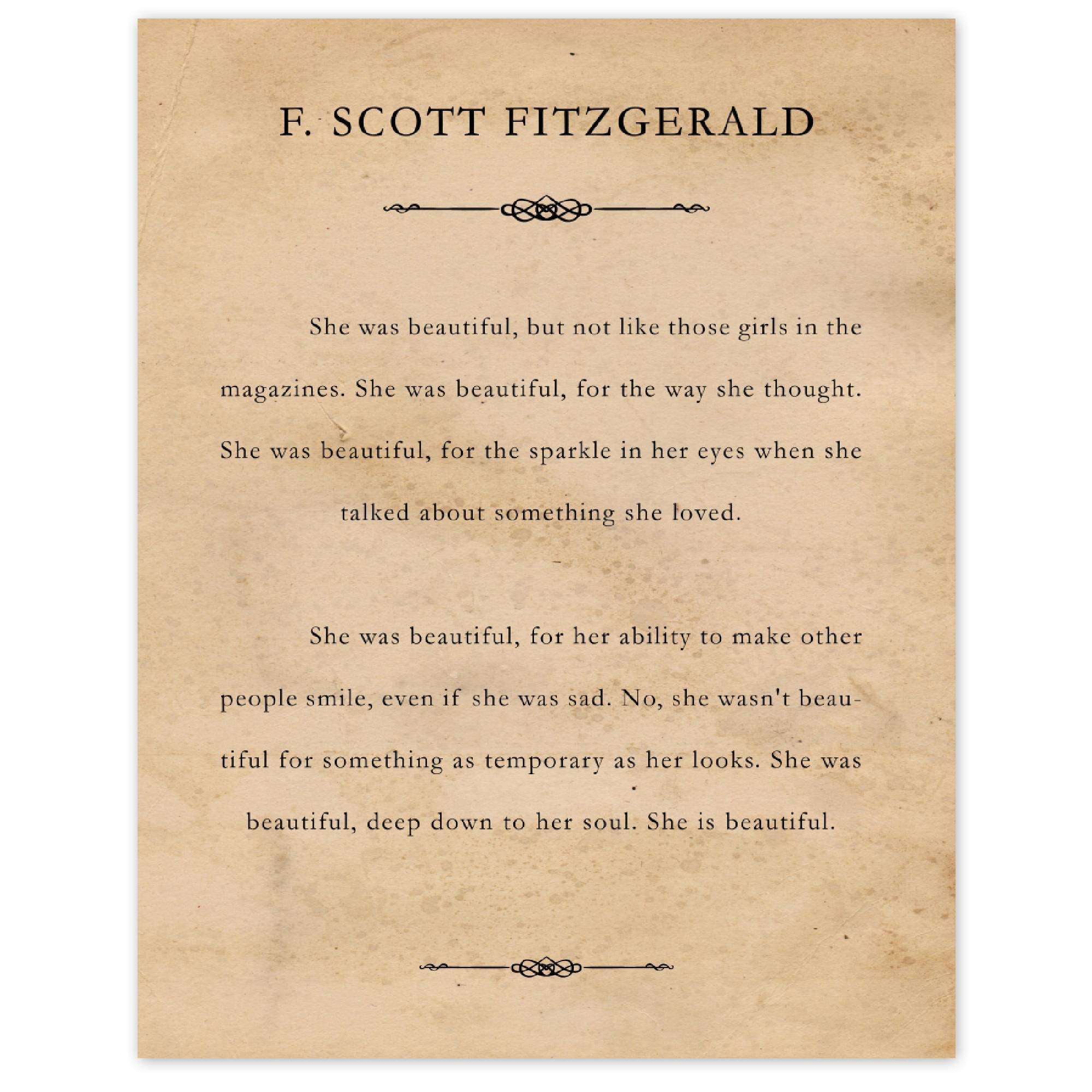 F Scott Fitzgerald She Was Beautiful Quote Prints, 1 (11x14) Unframed Typography Book Page Photos, Wall Art Book Decor Gifts Under 15 for Home Office Garage Library Student Teacher Literature Fan