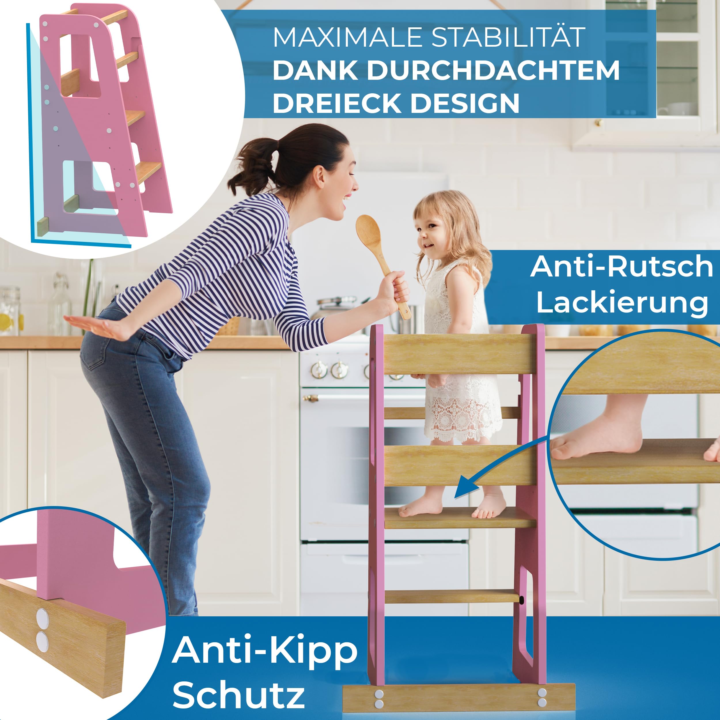 SCHWANFELD Torre de aprendizaje a partir de 1 año (protección antivuelco)- Incluye accesorios de montaje - Torre de aprendizaje Montessori de madera maciza FSC irrompible (hasta 50 kg de carga)