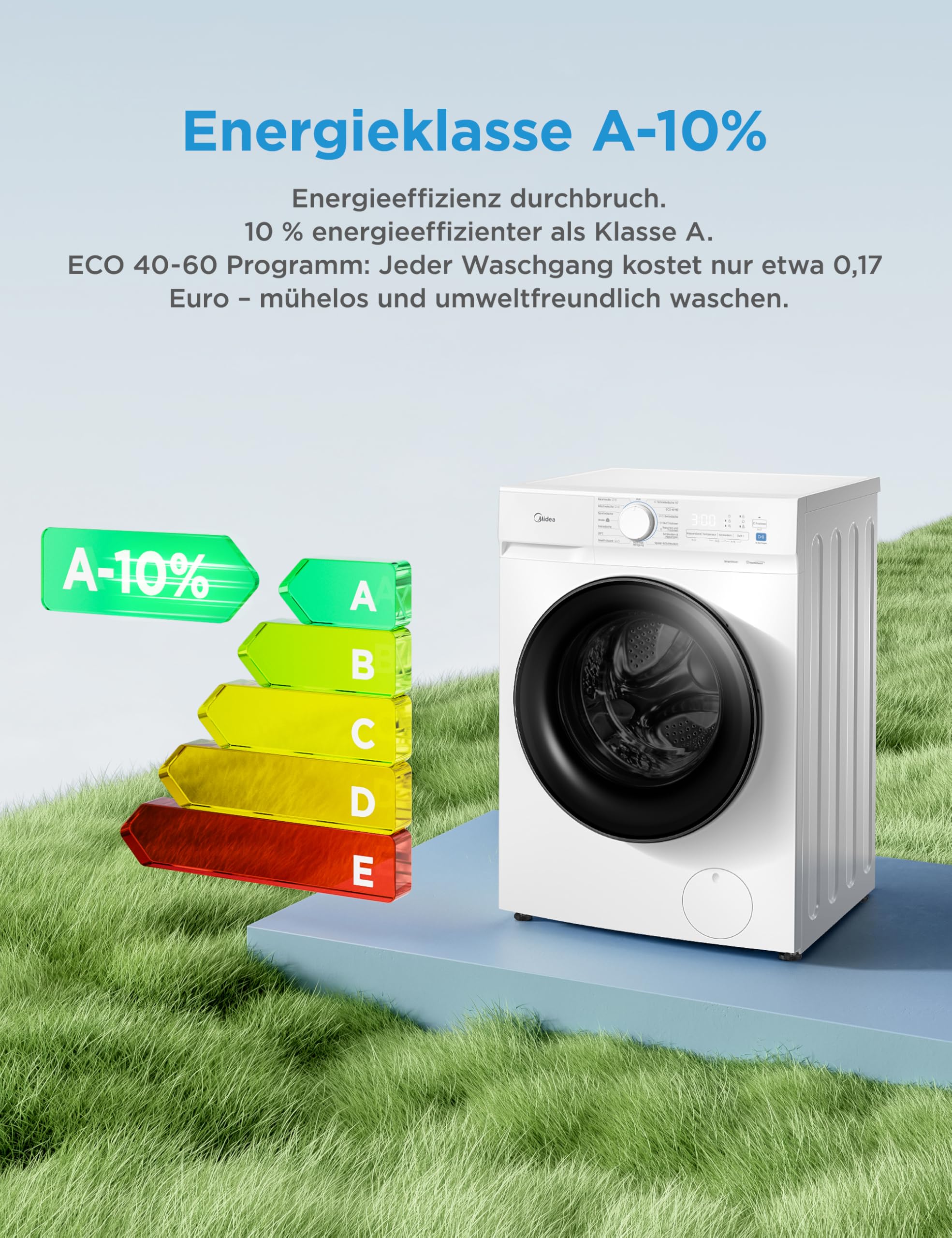 Midea Waschtrockner 8/6 kg EEK A-10% BLDC Inverter Motor weiß MFV3ED80BA10 | Waschen und Trocknen, Woolmark & Sportpflege, 15 Min Schnellwäsche, Steam Wash, Kaltwäsche, 95°C Hygiene, Quick‑Dry