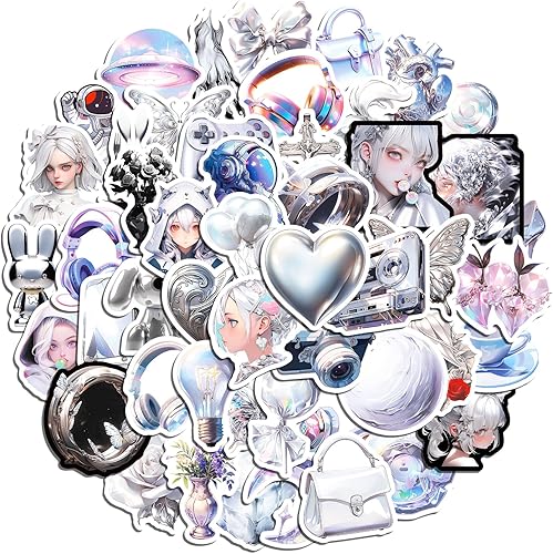Miniatura 2 de Paquete de 50 calcomanías plateadas de moda para niñas, hermosas calcomanías plateadas Vsco para mujeres, diseño de Cyberpunk estética,