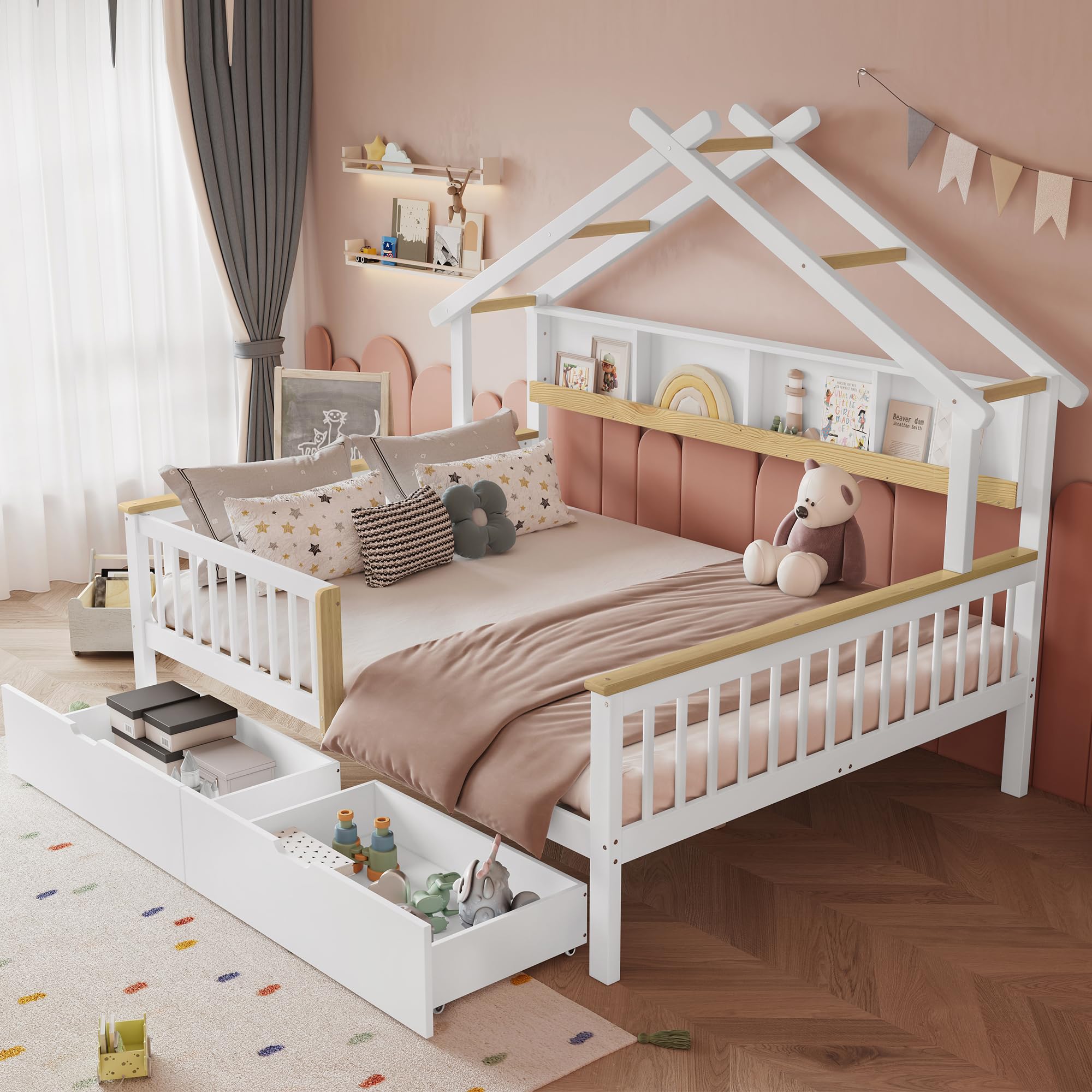 Cama infantil de 140x200 cm con techo de madera maciza blanca