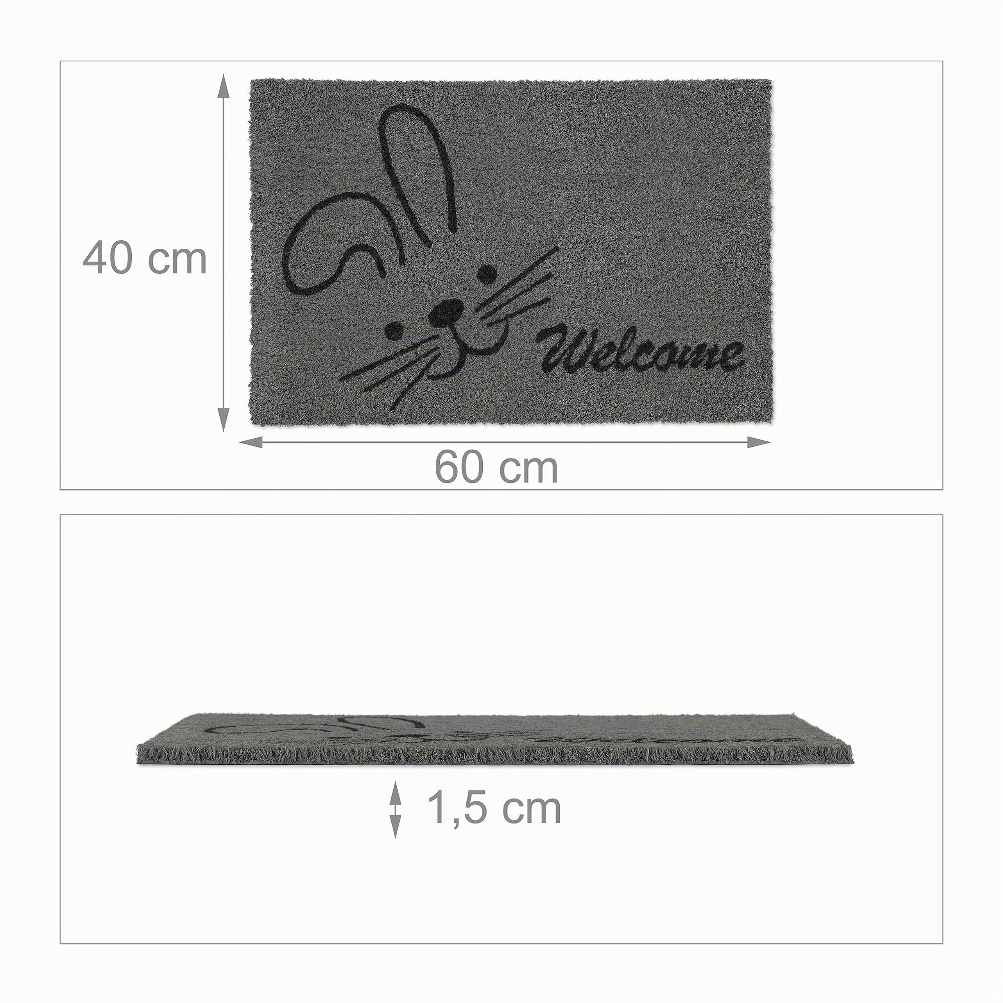 Relaxdays Paillasson Coco, Welcome, Motif de Lapin, Tapis de Porte, intérieur, extérieur, 40x60 cm, Pratique, Gris/Noir, 1 unité