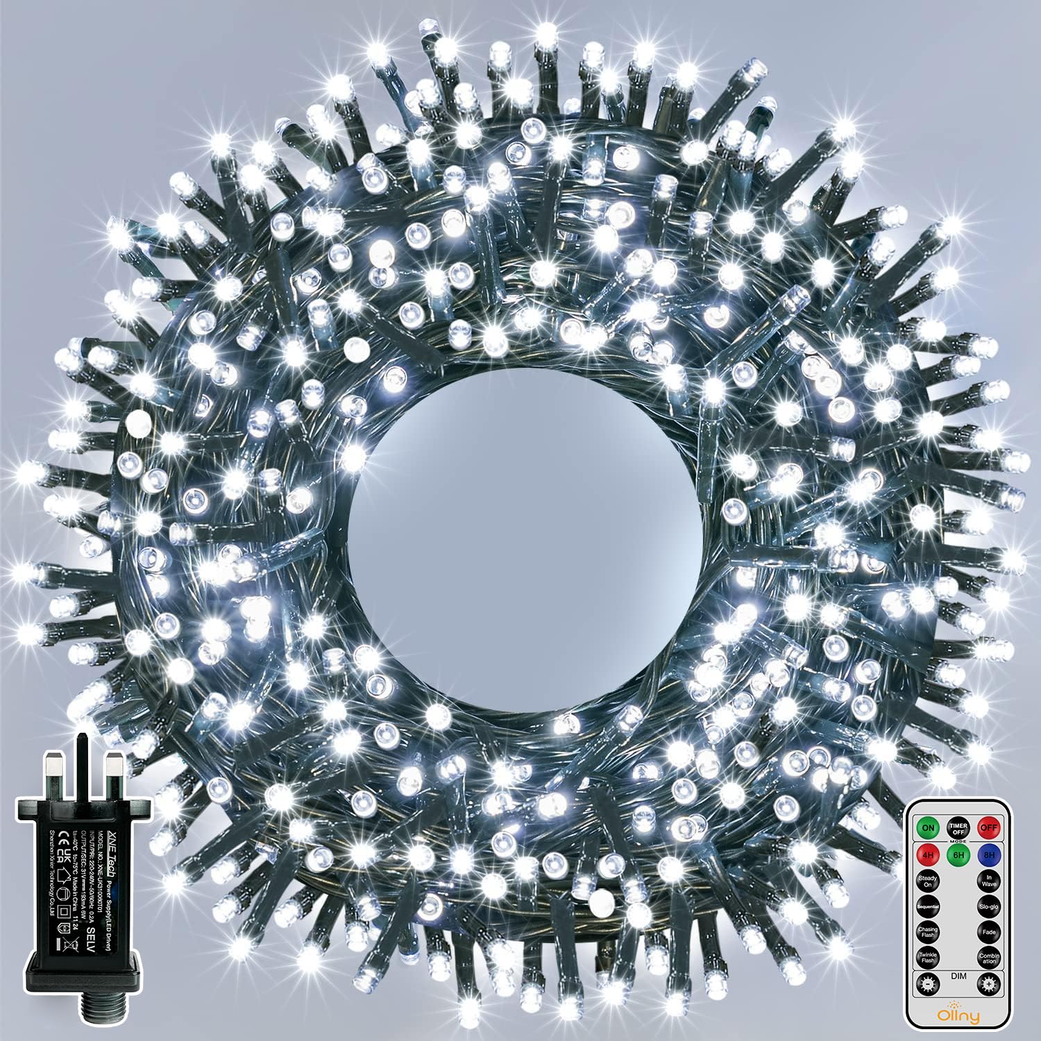 Ollny Christmas Tree Lights Outdoor, 20m 200 LED Fairy Lights Mains Powered, Cool White Waterproof String Light with Plug/Remote/Modes/Timer, Bright Lighting Outside Indoor Garden Xmas Decorations [Energy Class G]