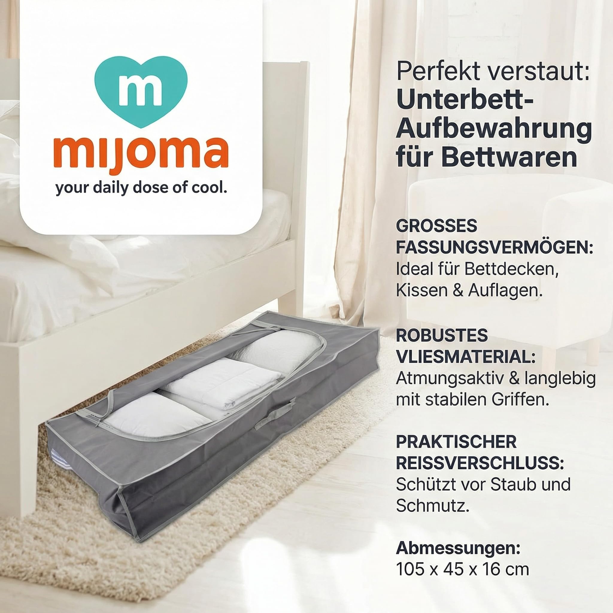 MIJOMA Unterbettkommode Aufbewahrungstasche für Bettdecken und Kissen, Tasche für Bettzeug oder Matratzenauflagen, Reißverschluss-Box mit Griff aus Vlies in 105 x 45 x 16 cm Küche, Haushalt & Wohnen