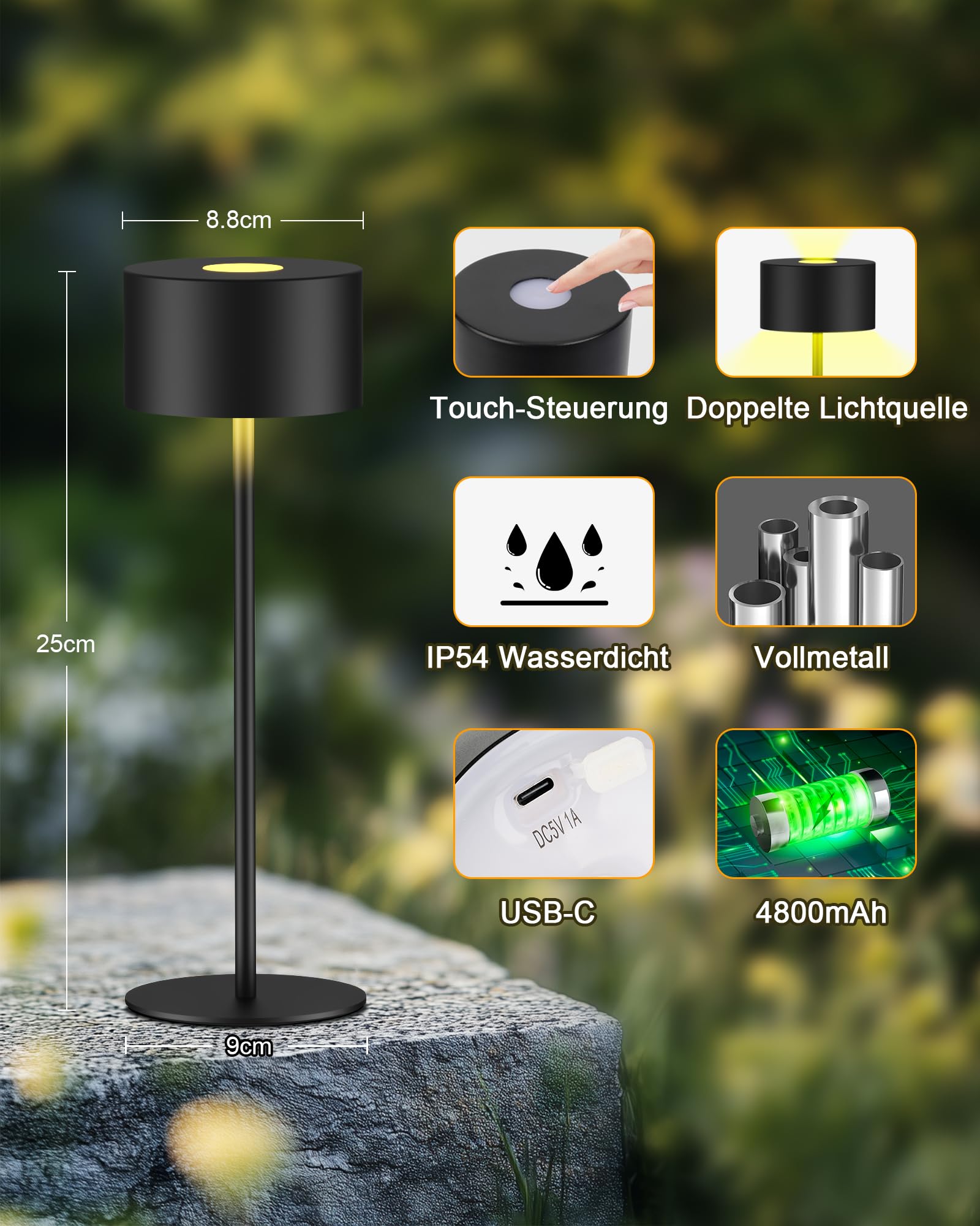 Lampada da Tavolo Senza Fili Tutto in Metallo, 3 Temperature di Luce & Dimmering infinito, Impermeabilità IP54 | Questa lampada portable è perfetta per testa di letto, camera da letto, sala da pranzo