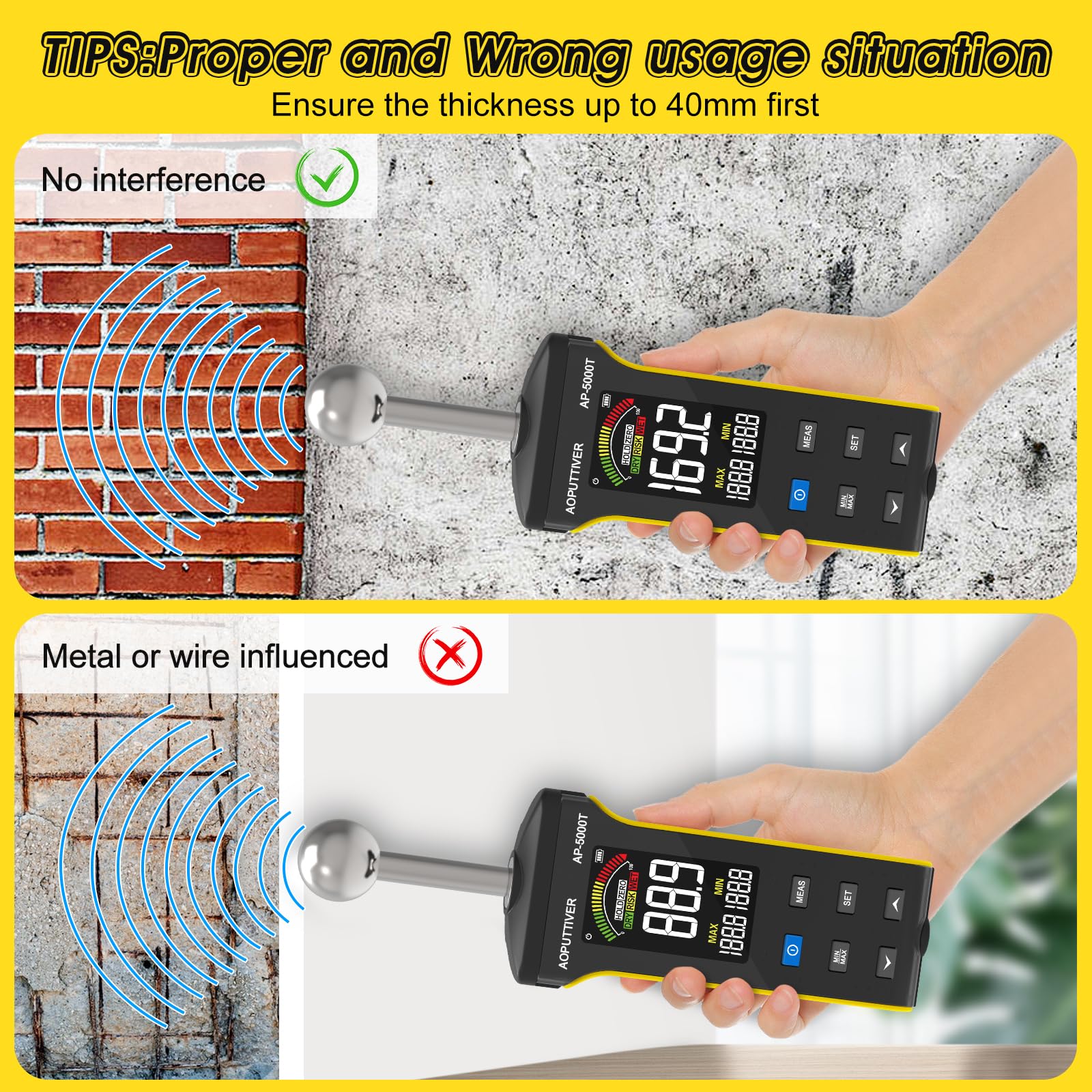 Testeur Humidité Humidimètre Sans Aiguille T, Détecteur Humidité Murs, Bois, Maçonnerie et Béton avec écran Couleur LCD et Alarme, Détecte Jusqu'à 20-40mm Sous la Surface