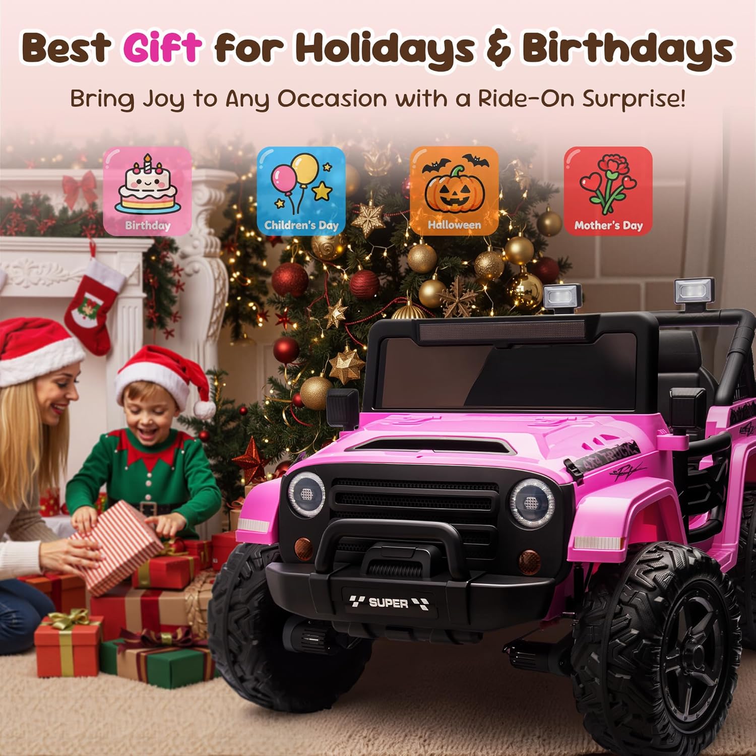 24V 2 Seater Ride On Car for Kids Ages 3-8, 4WD Electric Ride On Truck with Remote Control, Real-Time Battery Indicator, Bluetooth Music, 132 lbs Load Capacity, Gift Toy Car (Classic Pink)