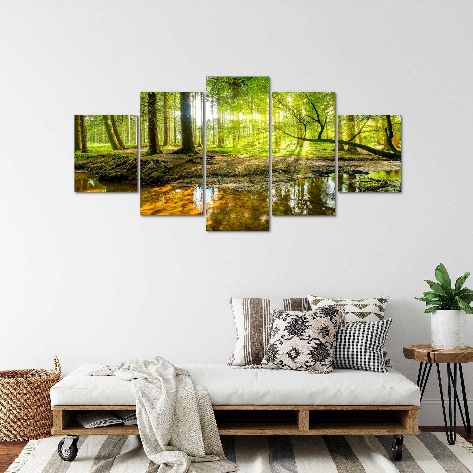 Runa Art - Tableau Forêt Paysage 200 x 100 cm 5 Parties XXL Decoration Murale Dessin Vert 611751a