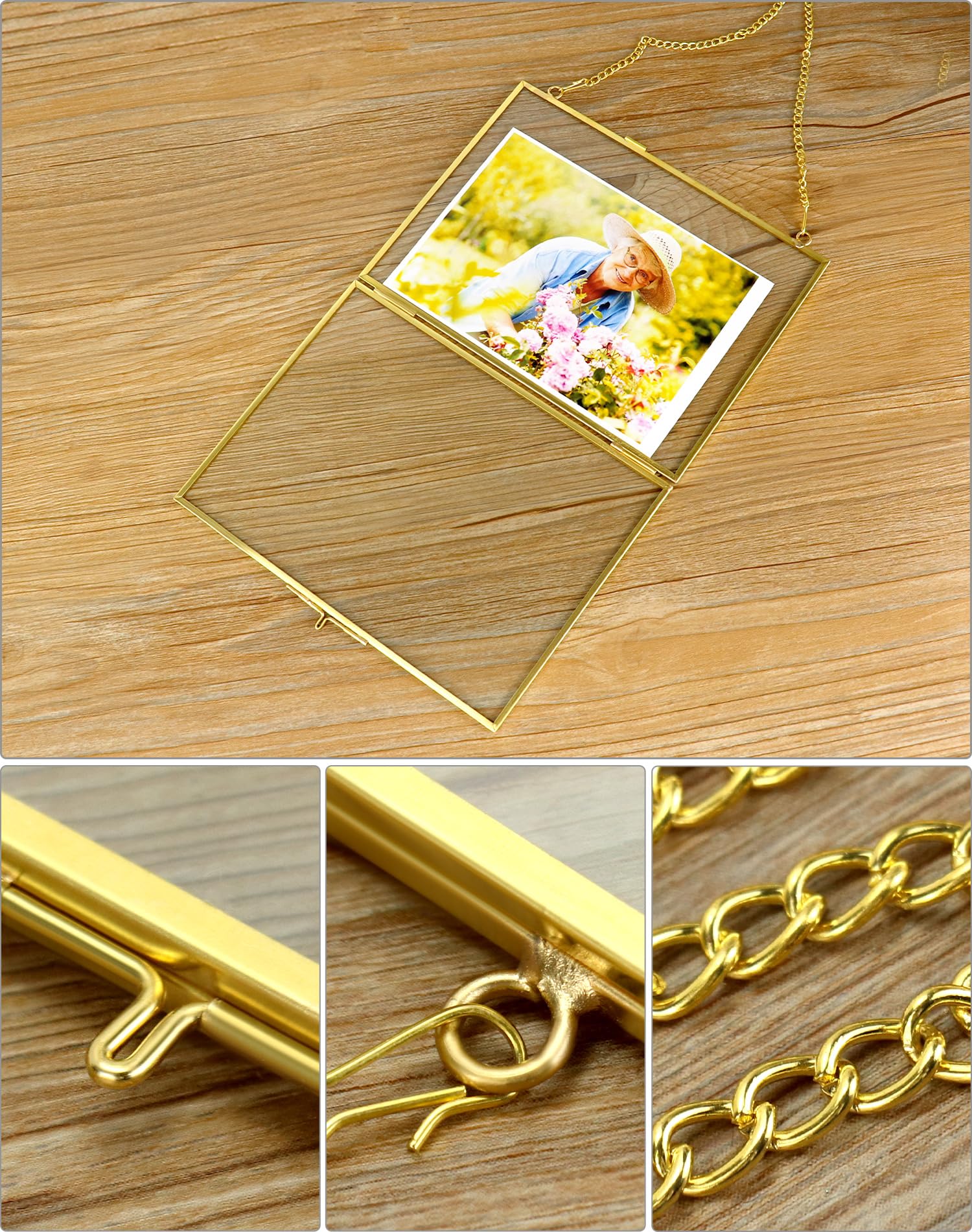 QWORK® 2 sztuki złote ramki na zdjęcia z metalowym łańcuszkiem do zawieszenia, klips do próbek roślin, do zdjęć, próbek roślin, certyfikatów, 13x18cm