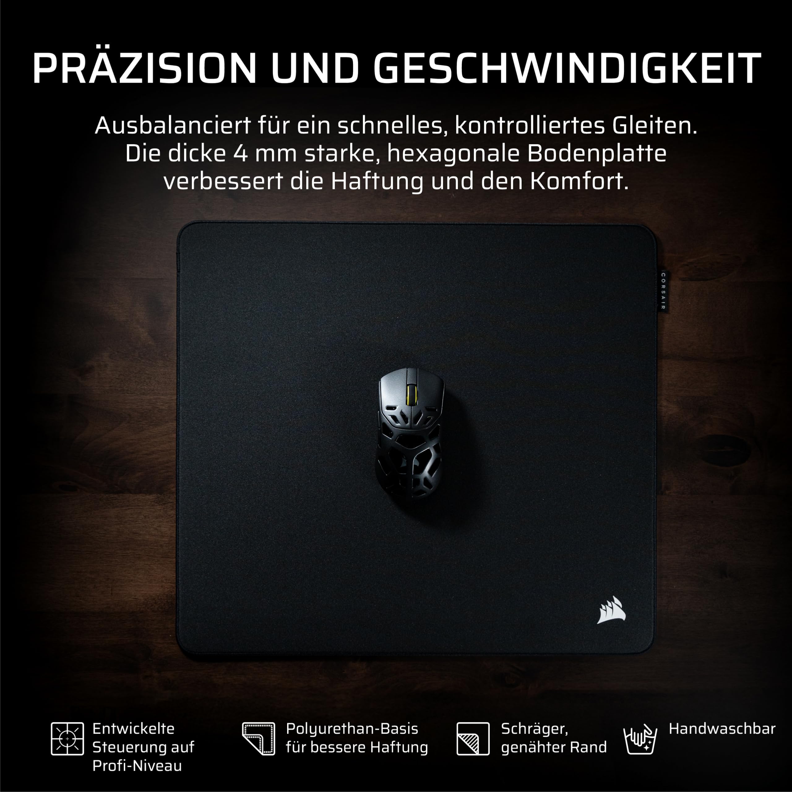 Corsair MM PRO Control Mittleres Gaming-Mauspad – Schwarz | E-Sport-Thema für Präzision und Mikroeinstellungen, 4 mm Dicke Rutschfeste Basis, Abgeschrägte, Genähte Kanten