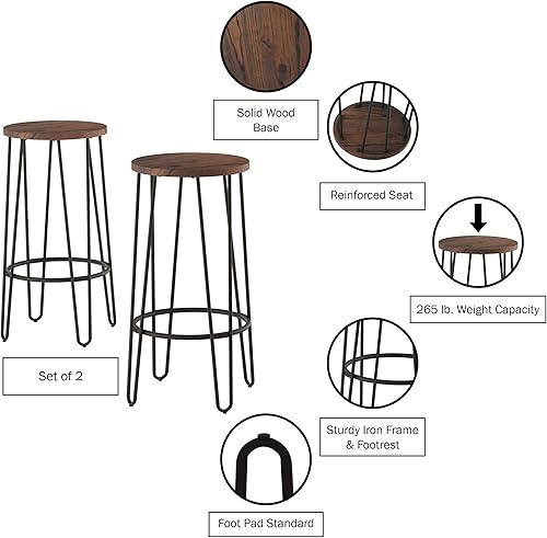Miniatura 17 de Juego de 2 taburetes de bar – Taburetes de bar sin respaldo de 24 pulgadas de alto con patas de horquilla y asiento de madera para cocina, comedor o