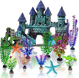 Mechpia 13-Piece Aquarium Decor Kit: Resin Castle, Rockery Betta Cave, Vibrant Artificial Plants for Fish Tanks