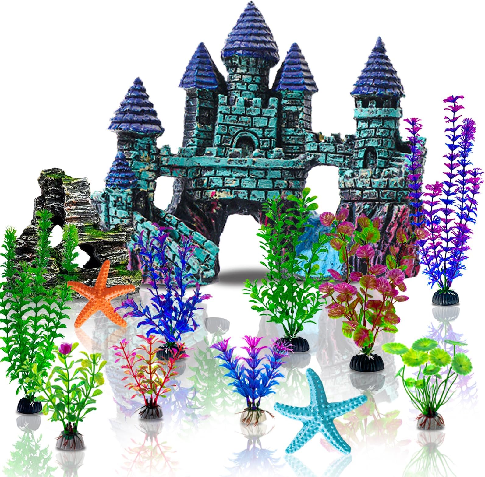 Mechpia 13 Pieces Aquarium Decorations Kit, Fish Tank Decorations Set Small Resin Castle and Rockery Betta Fish Cave Hideout Coral Artificial Plastic Plants Ornament Accessories