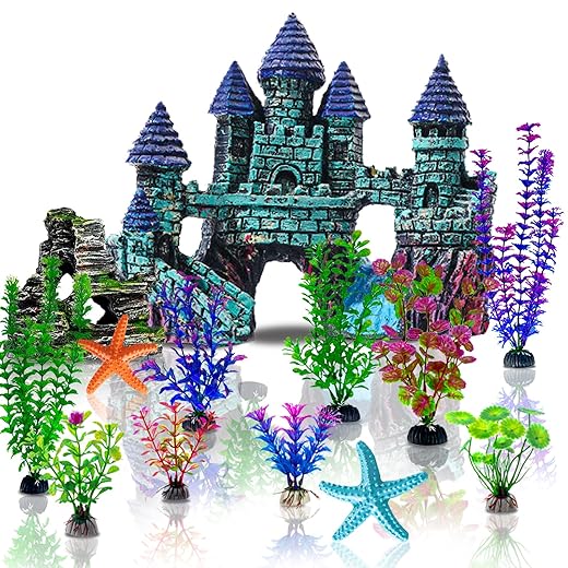 13 Pieces Aquarium Decorations Kit, Fish Tank Decorations Set Small Resin Castle and Rockery Betta Fish Cave Hideout Coral Artificial Plastic Plants Ornament Accessories