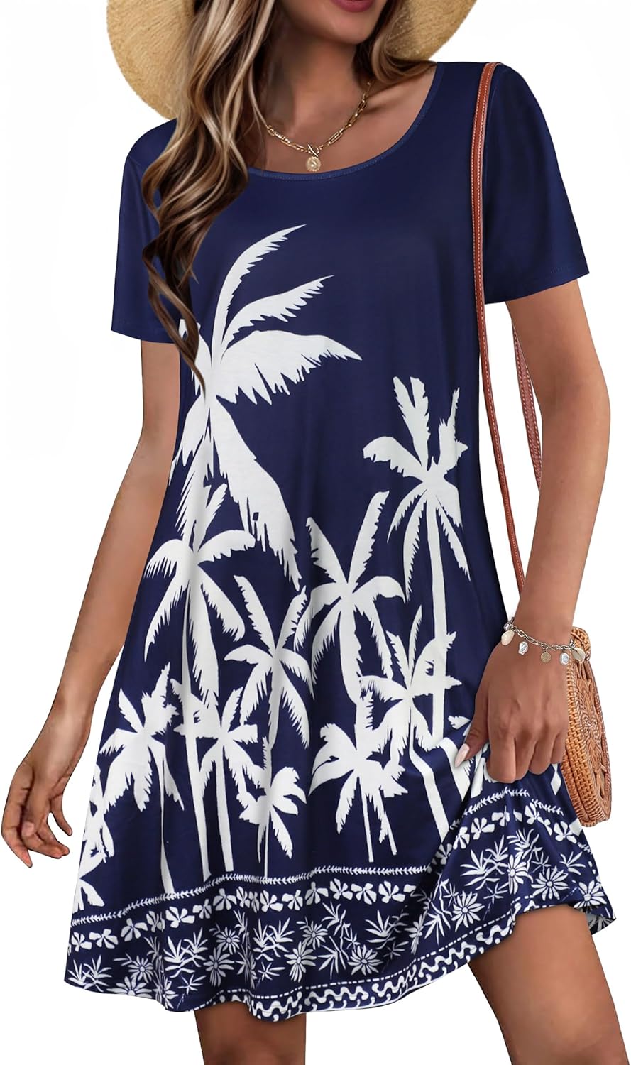 Summer Dresses for Women Casual Short Sleeve Sundress Scoop Neck Beach T Shirt Dress with Pockets(Navy Blue Tree, L)