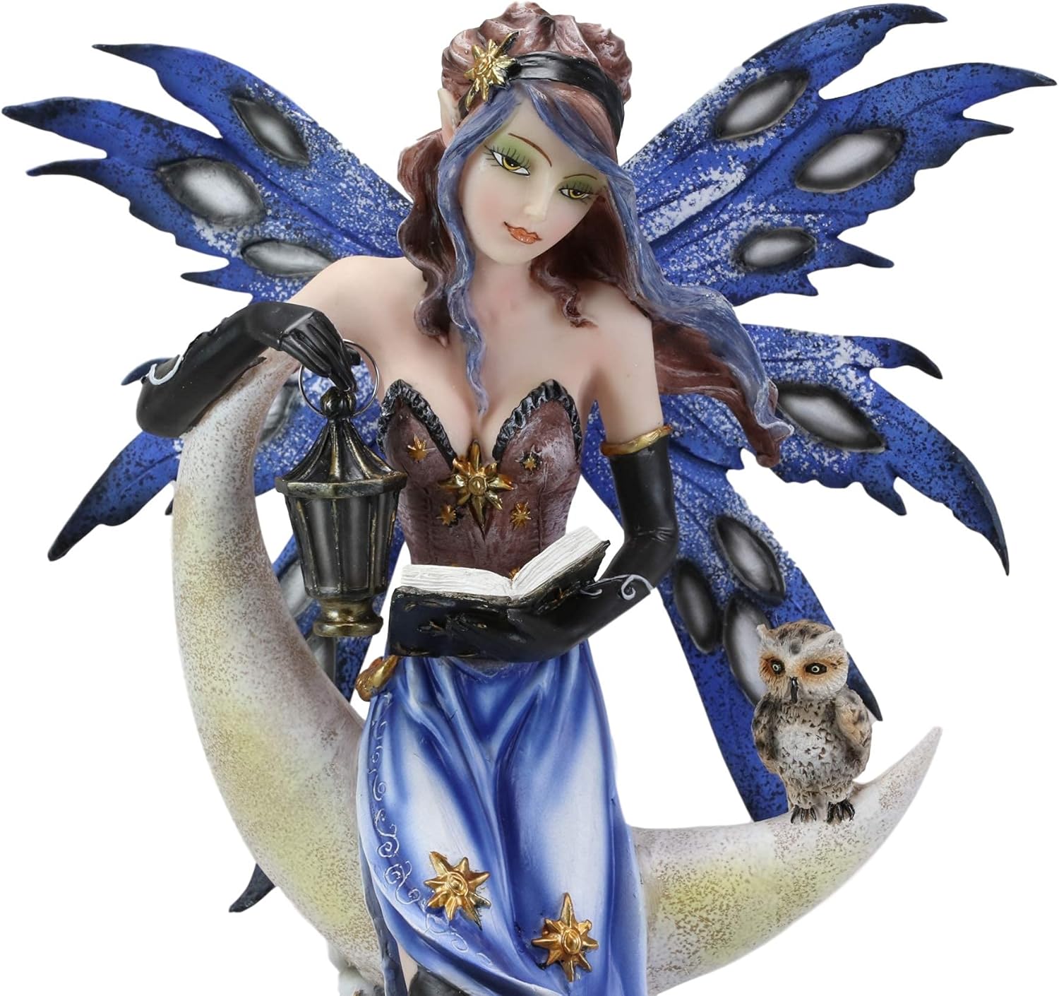 Ebros Fantasy Celestial Bookworm Fairy Carrying Lantern and Owl Sitting On Crescent Moon Clouds and Stars Statue 14" Tall Fairies Nymphs Pixies Collectible Figurine