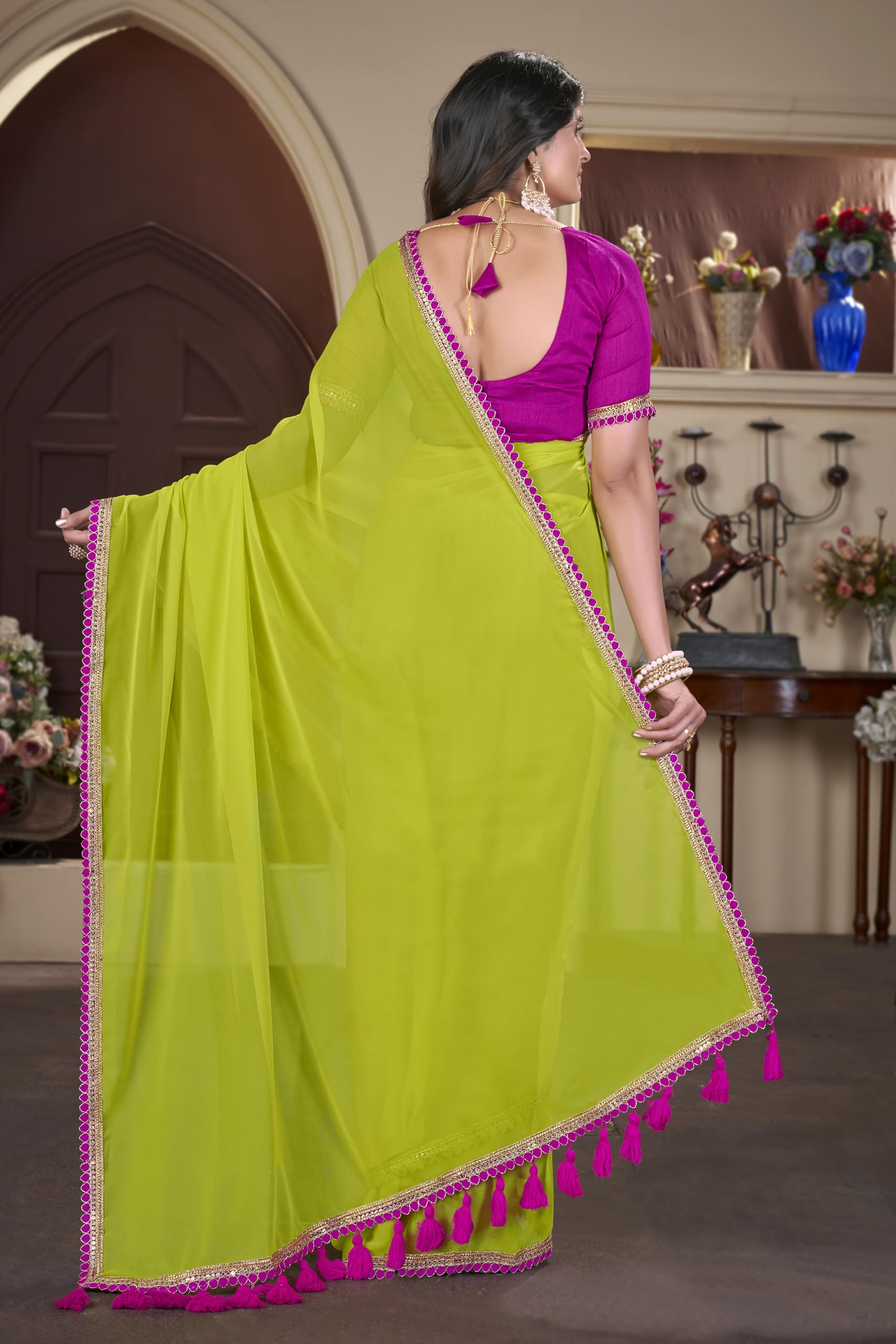Glory Sarees Women's Georgette Pumpum Lace Border Saree With Blouse Piece (Pumpum_101_Green) 3