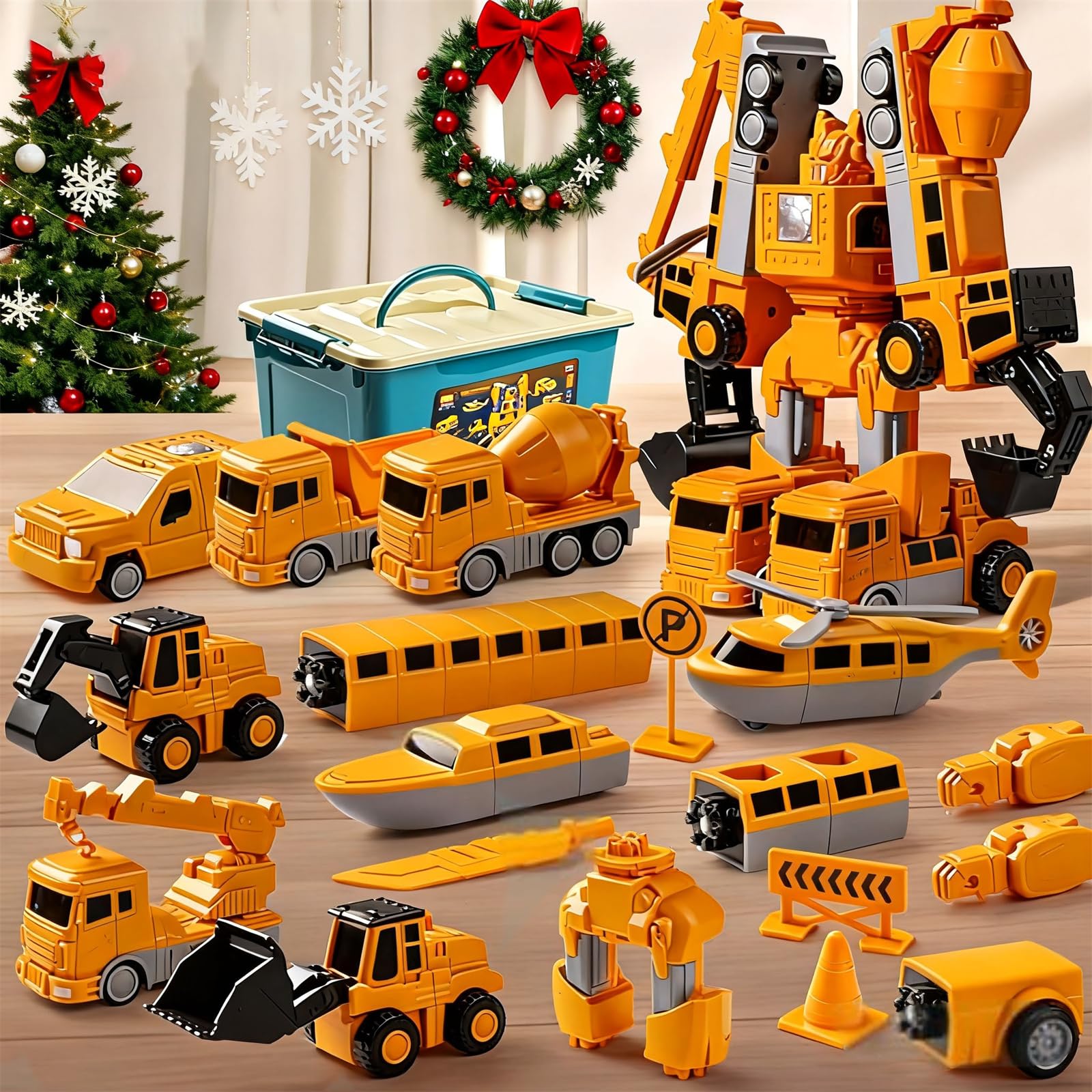 Smartoon Kids Magnetic Toys, 35PCS Magnetic Robocar Set with Storage Box, 7 in 1 Robot Toys Set, Robo Car Poli Toys, Construction Vehicle & Robot Toy for Creative Play (35PCS-Yellow)