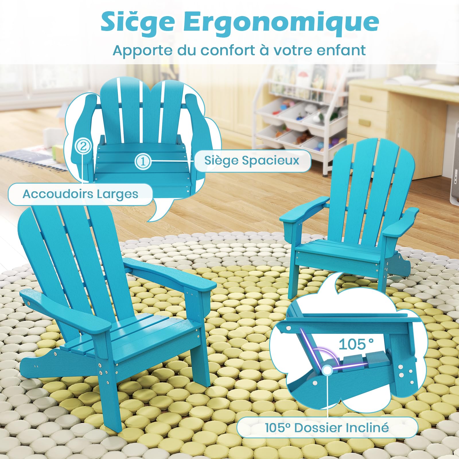 DREAMADE Chaise Adirondack Enfants Imperméable, Chaise de Camping en HDPE avec Dossier Haut et Accoudoirs,Fauteuil de Jardin d'Intérieur et d'Extérieur (Bleu,1 Piece)