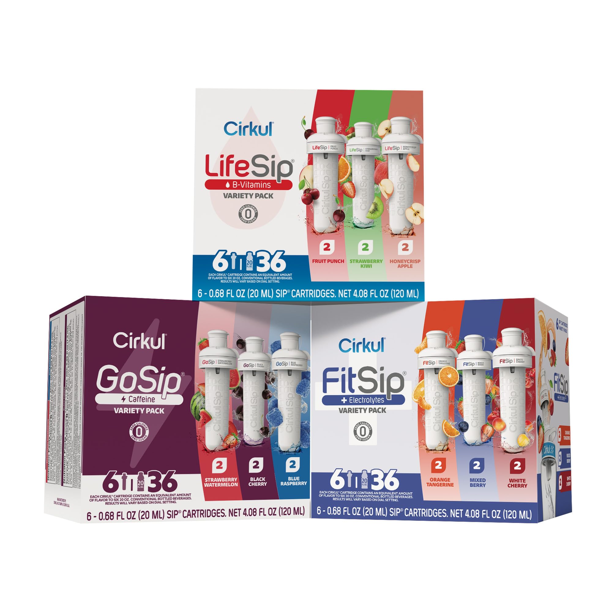 CirkulVariety Pack Bundle, Flavored Water Cartridge 18-Pack (LifeSip, FitSip, GoSip), No Sugar, Zero Calorie Drink Mix