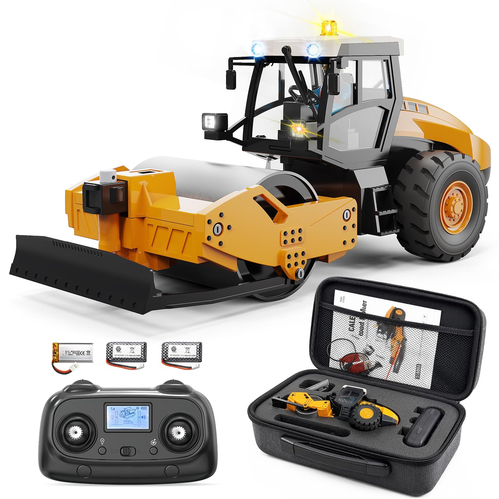 RC Straßenwalze Ferngesteuerte Baumaschine Mini 1:50 Modell mit Metallwalze & Metallschild, 3-stufiger Walzenvibration, 2,4 GHz LCD-Fernbedienung, Licht & Sound, 2 Akkus, RTR für Erwachsene