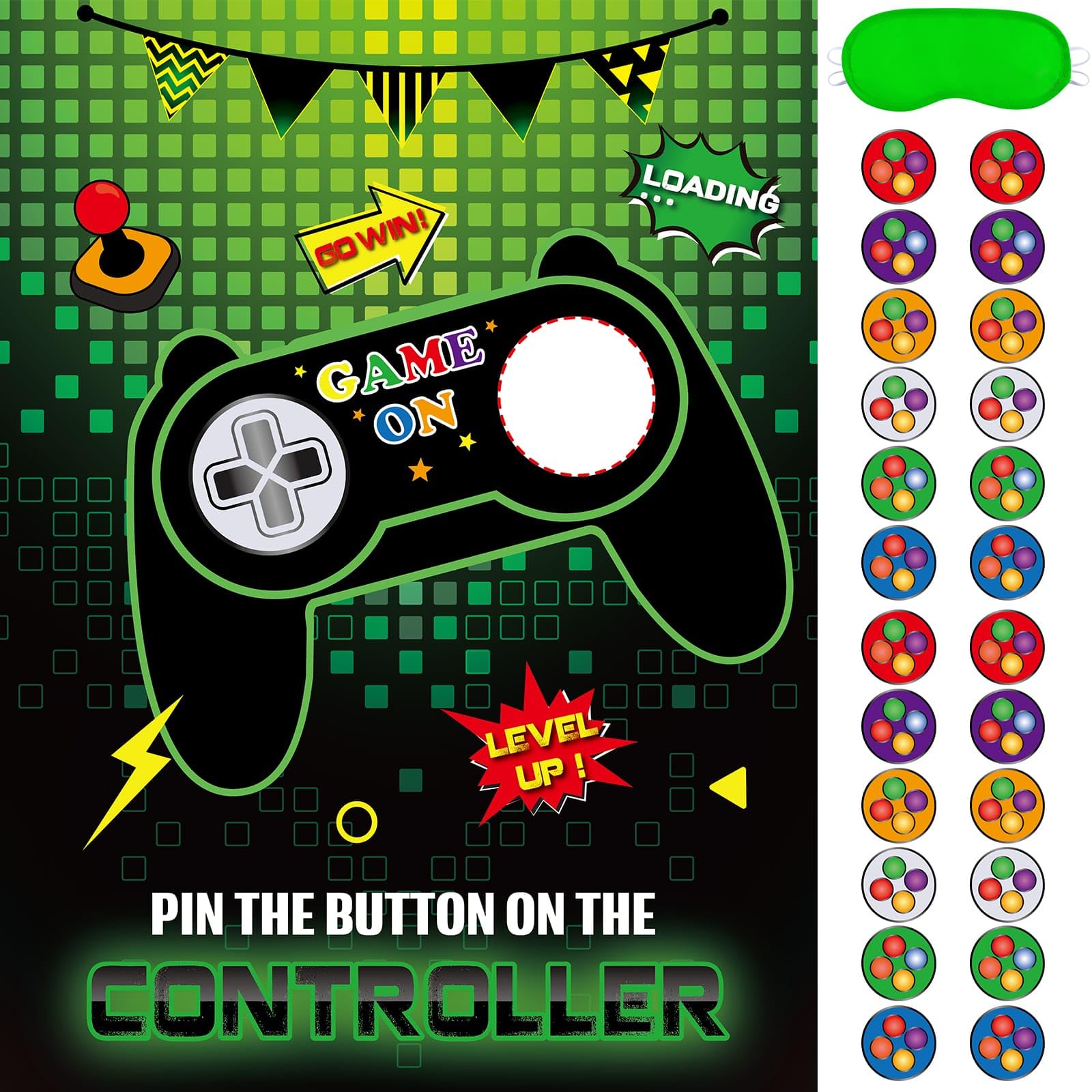 WERNNSAI Pin The Button on The Game - Gamer Party Decorations Birthday Games for Kids Party 21" x 28" Game Poster with 24 Sticker for Boys Gaming