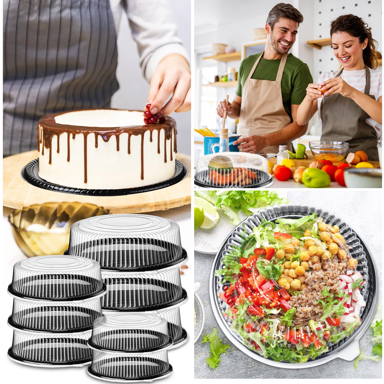 Zhehao Paquete de 30 bandejas de plástico desechables con tapa, bandejas de catering resistentes con tapas transparentes, bandeja redonda apilable para galletas para fiestas (negro, 12 pulgadas, 16