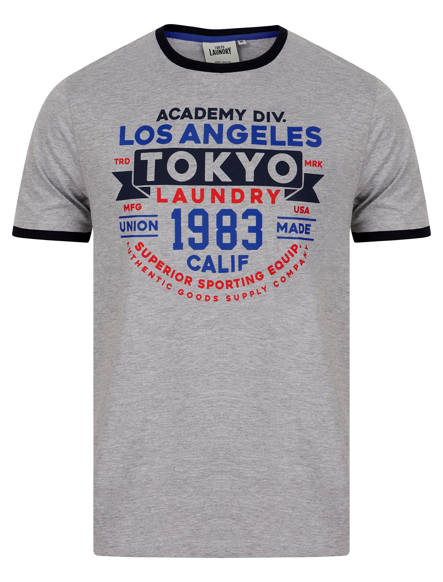 Tokyo Laundry Men's Light Grey Marl Vintage Retro Motif Jersey Grindle Crew-Neck Ringer T-Shirt