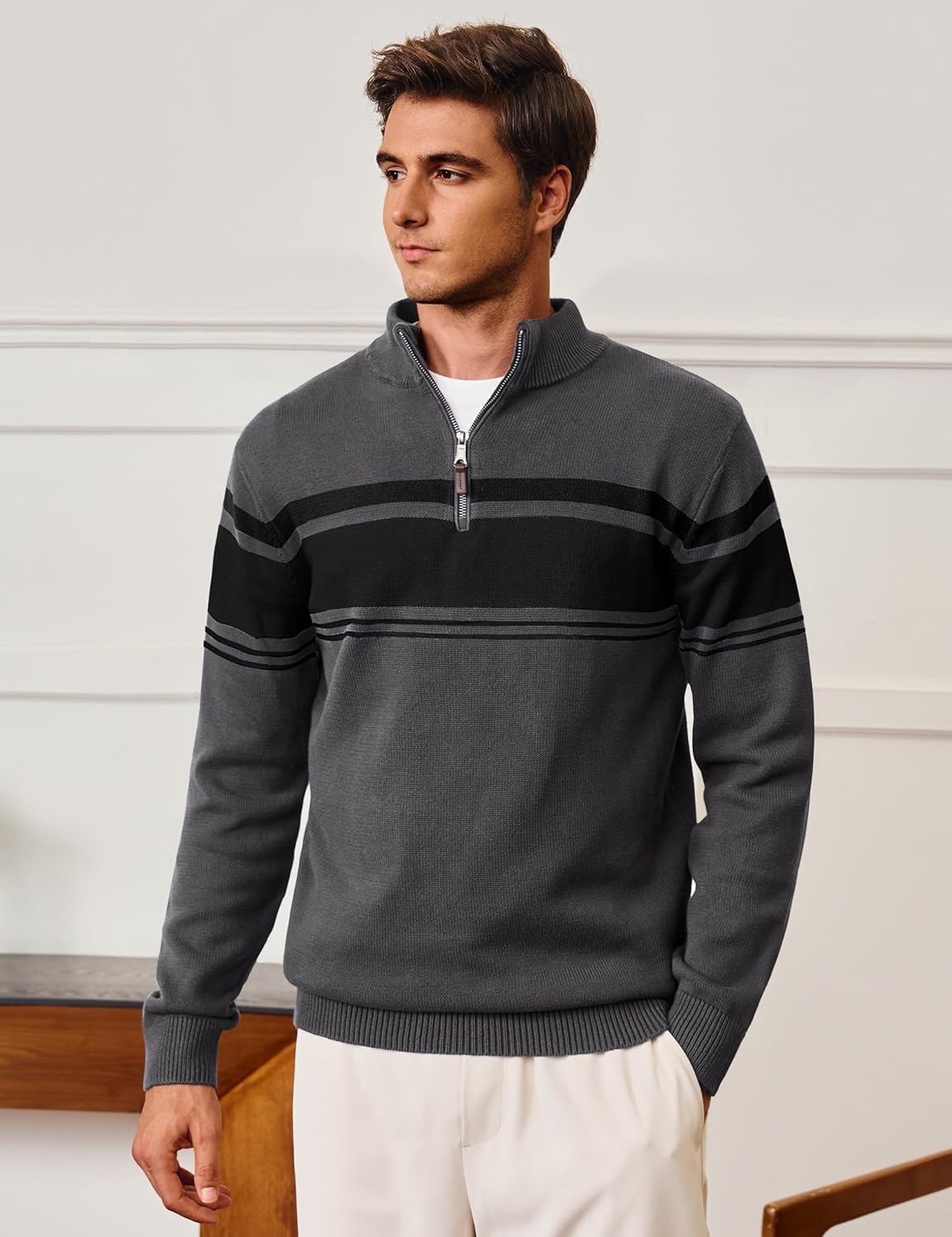 CRYSULLY Mens Sweater 1/4 Zip Cotton Polo Pullover Sweaters Casual Fall Winter Spring Striped Sweatshirts - Image 2