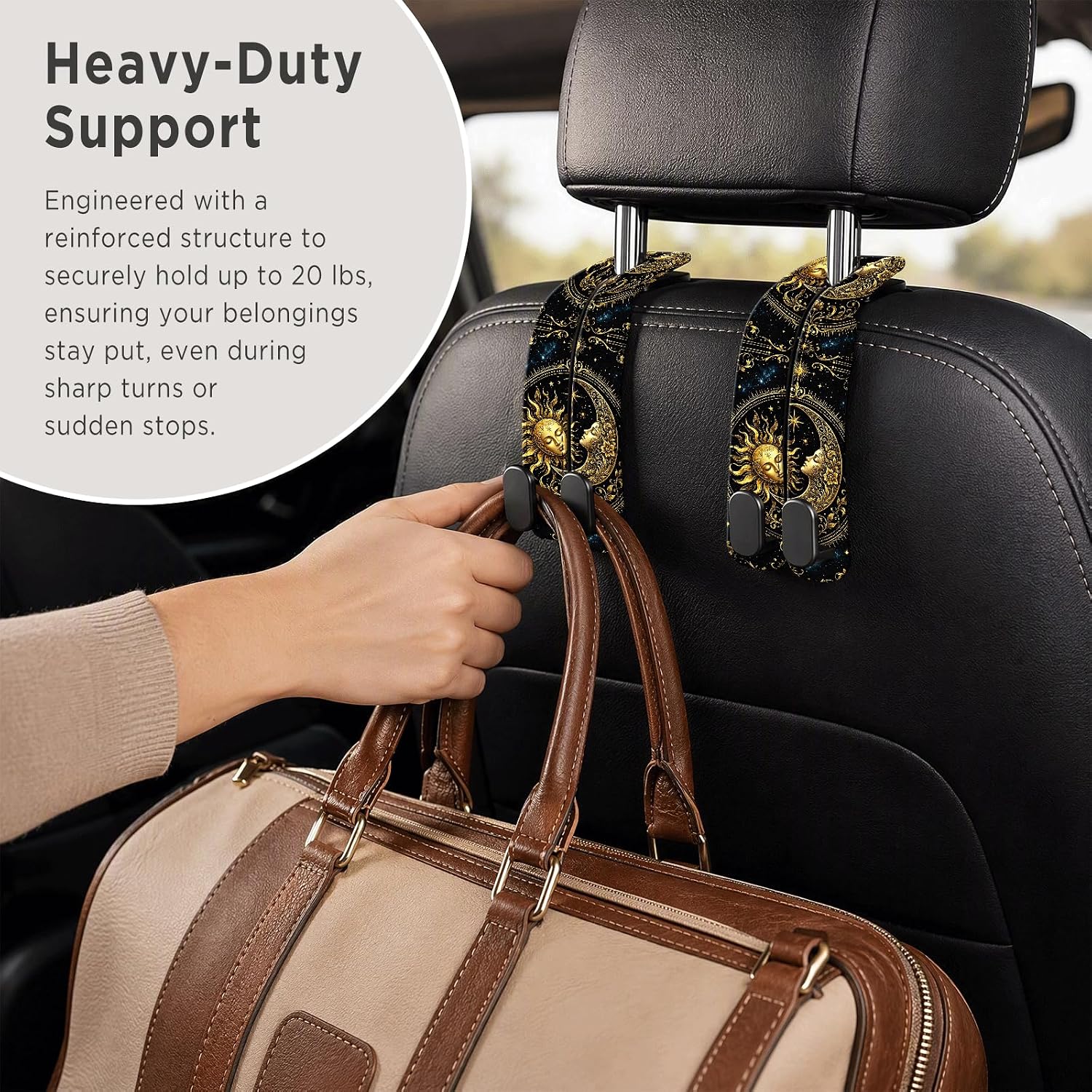 AHGSKJDG Car Seat Headrest Hook, PU Leather Car Purse Hook, Heavy Duty Double Metal Seat Back Storage Hook for Purses Handbags Bags, Car Organizer Accessories Luxury Gold Moon Sun image 4