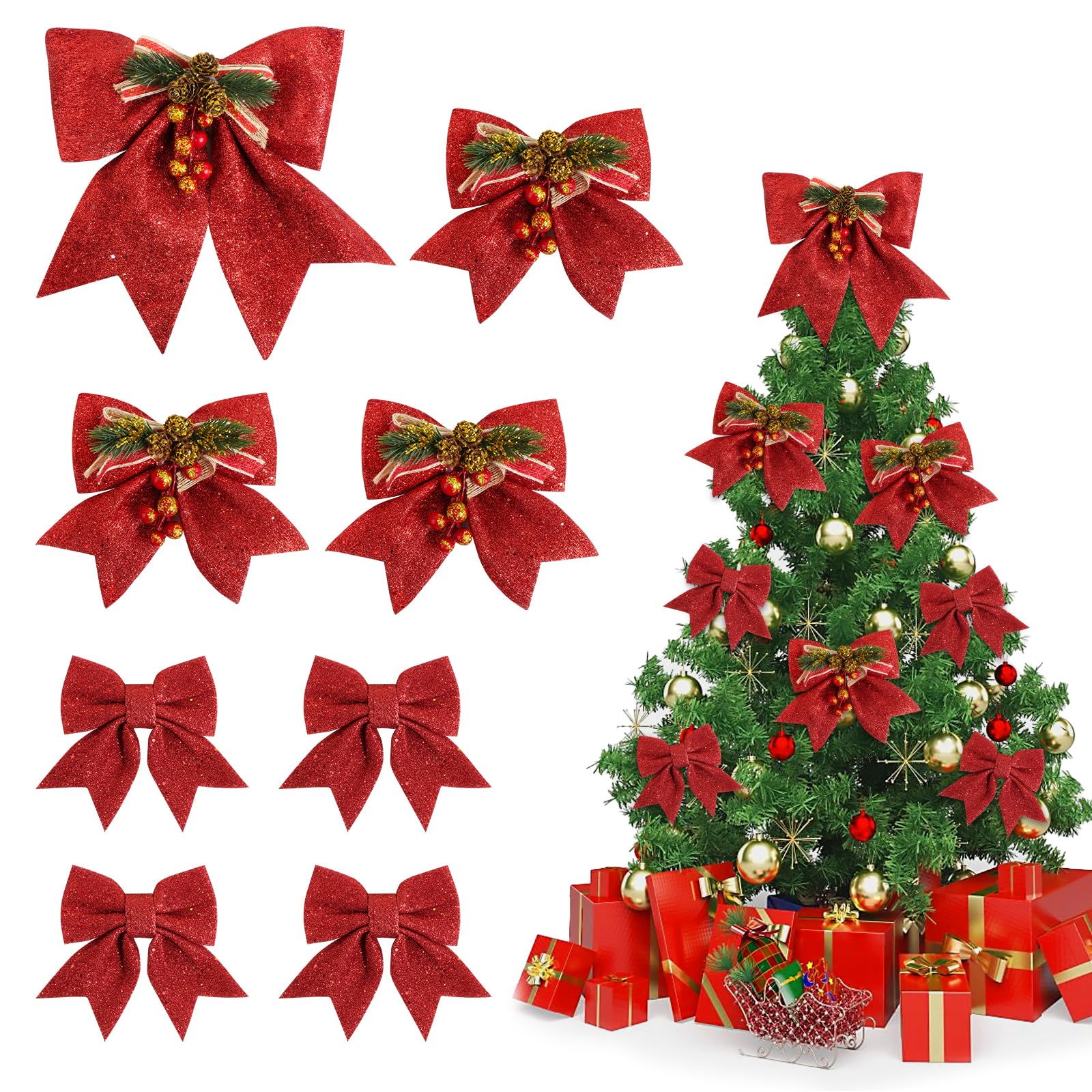 BOFUNX 8pcs Lazos Navidad para Arbol de Navidad Moños Navideños Grandes Lazos Rojo con Purpurina Adornos Decoración para Árbol de Navidad Corona Regalo Casa