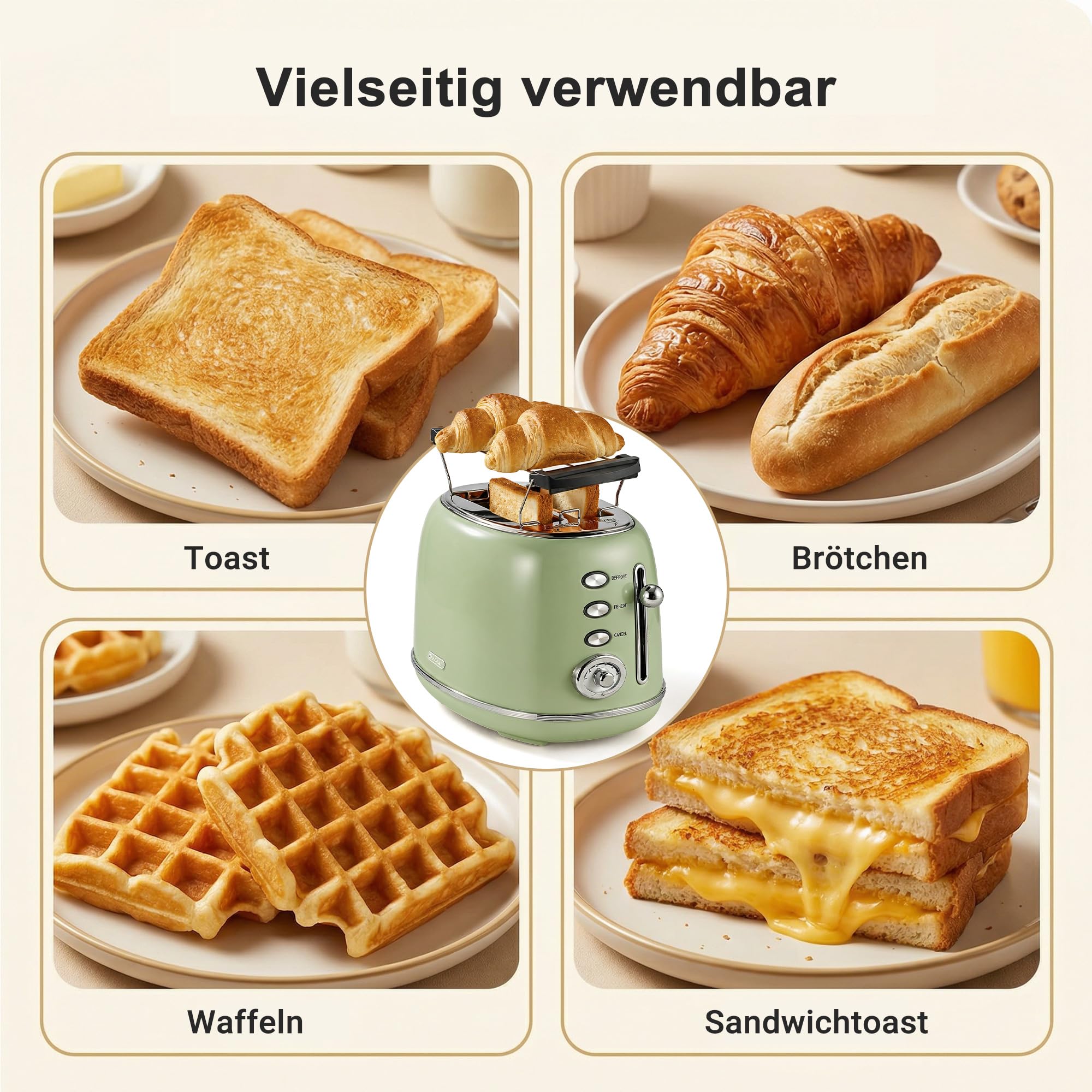 Wiltal Retro Toaster 2 Scheiben Edelstahl, Grün, TS-R008 | Brötchenaufsatz, 6 Röststufen, Vorheiz- und Auftaufunktion, Abschaltautomatik, Perfekt für Sandwiches & Toast