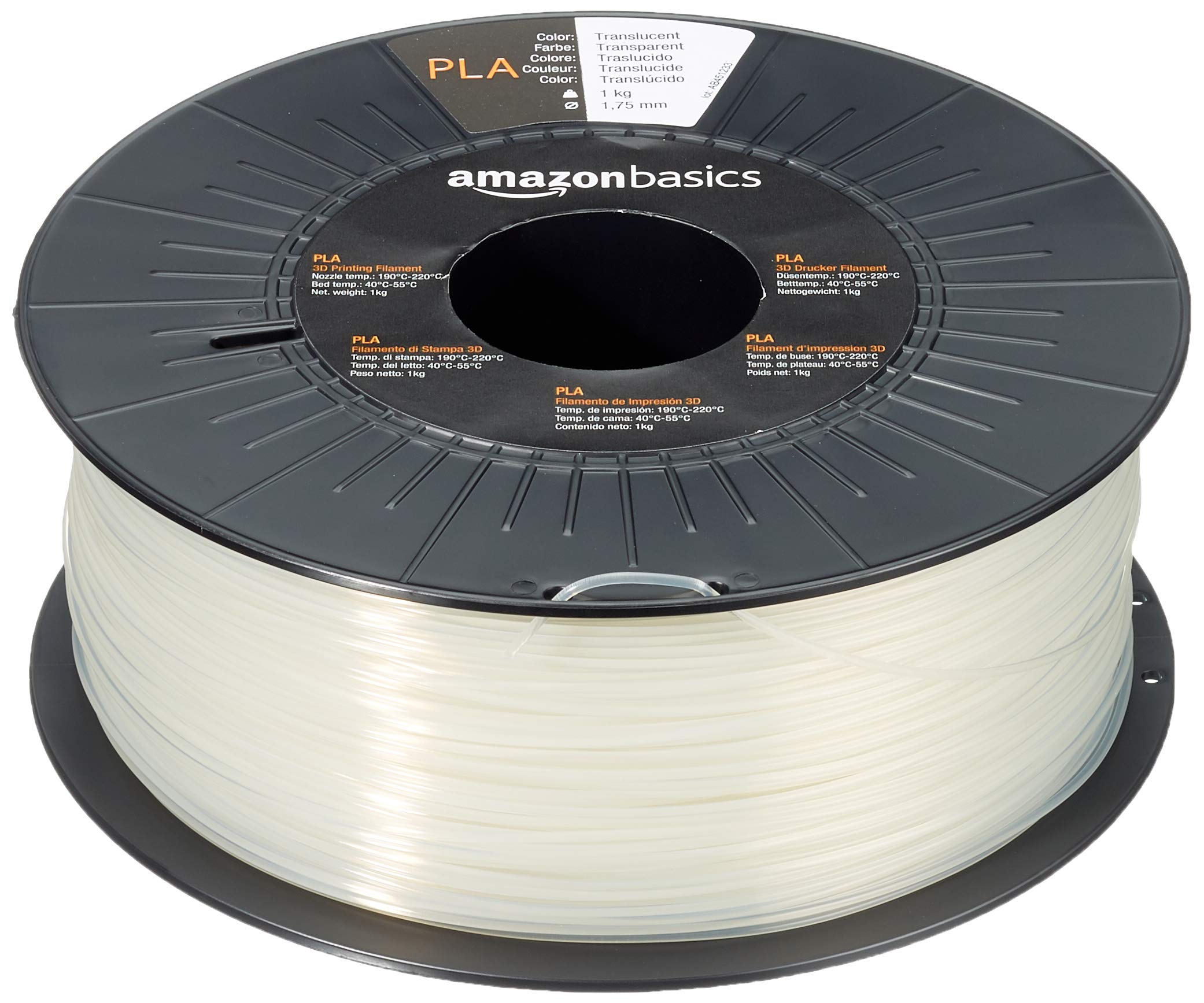 Amazon Basics - Filamento per stampanti 3D, in polilattato (PLA), 1.75 mm, traslucido, 1 kg per bobina