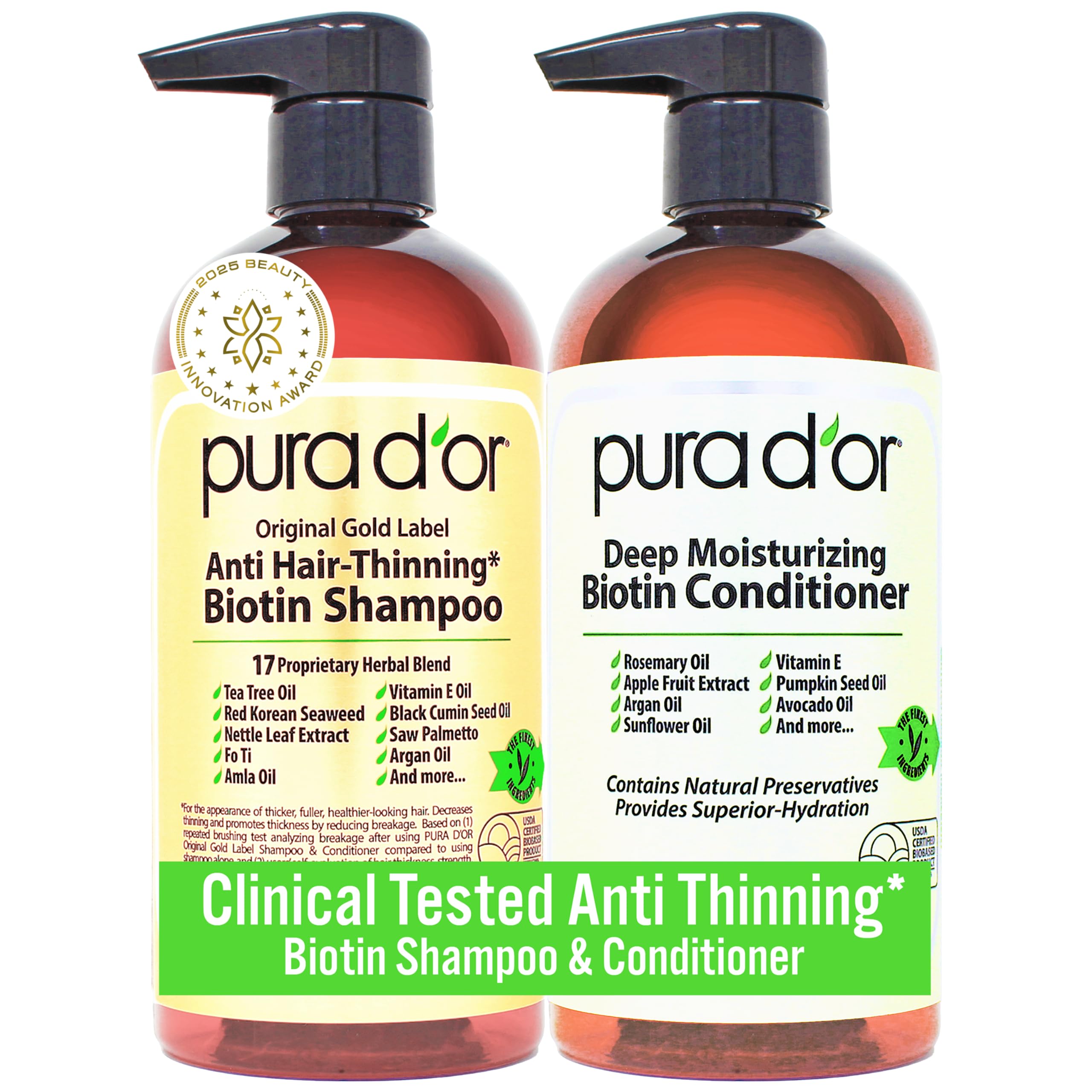 Pura D'or Anti-Thinning Biotin Shampoo and Conditioner, CLINICALLY TESTED Proven Results, DHT Blocker Thickening Products For Women & Men, Color Treated Hair, Original Gold Label Hair Care Set 16oz x2