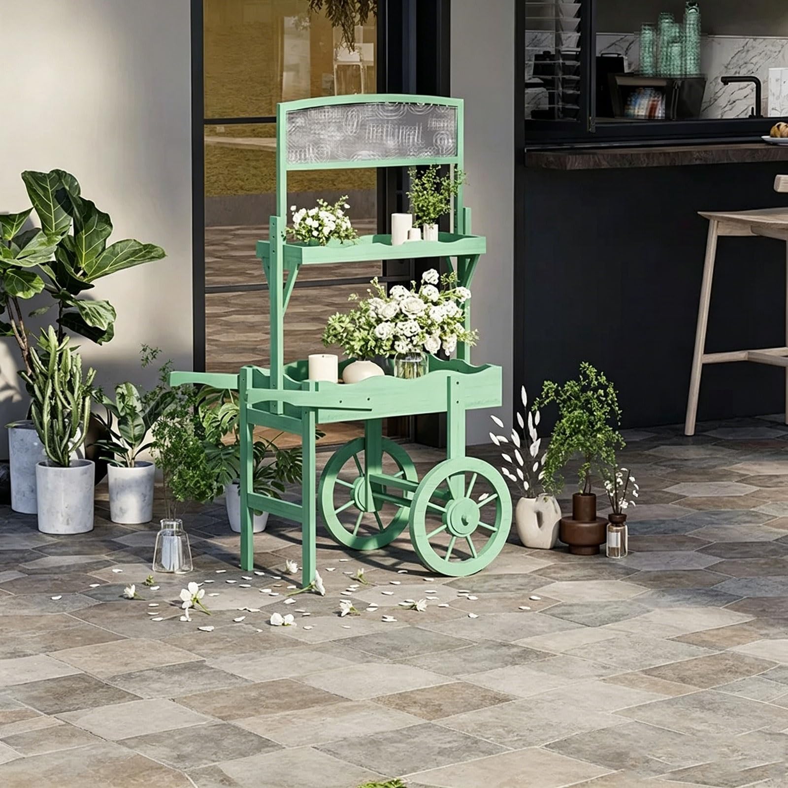 Carrello per Fiori con Ruote per Negozio Fiori Carretto per Dolciumi a Due Piani In Legno Massello con Lavagna Carretto Espositivo In Legno per Vetrine Negozi per Fiorai Cortili Giardini(White)