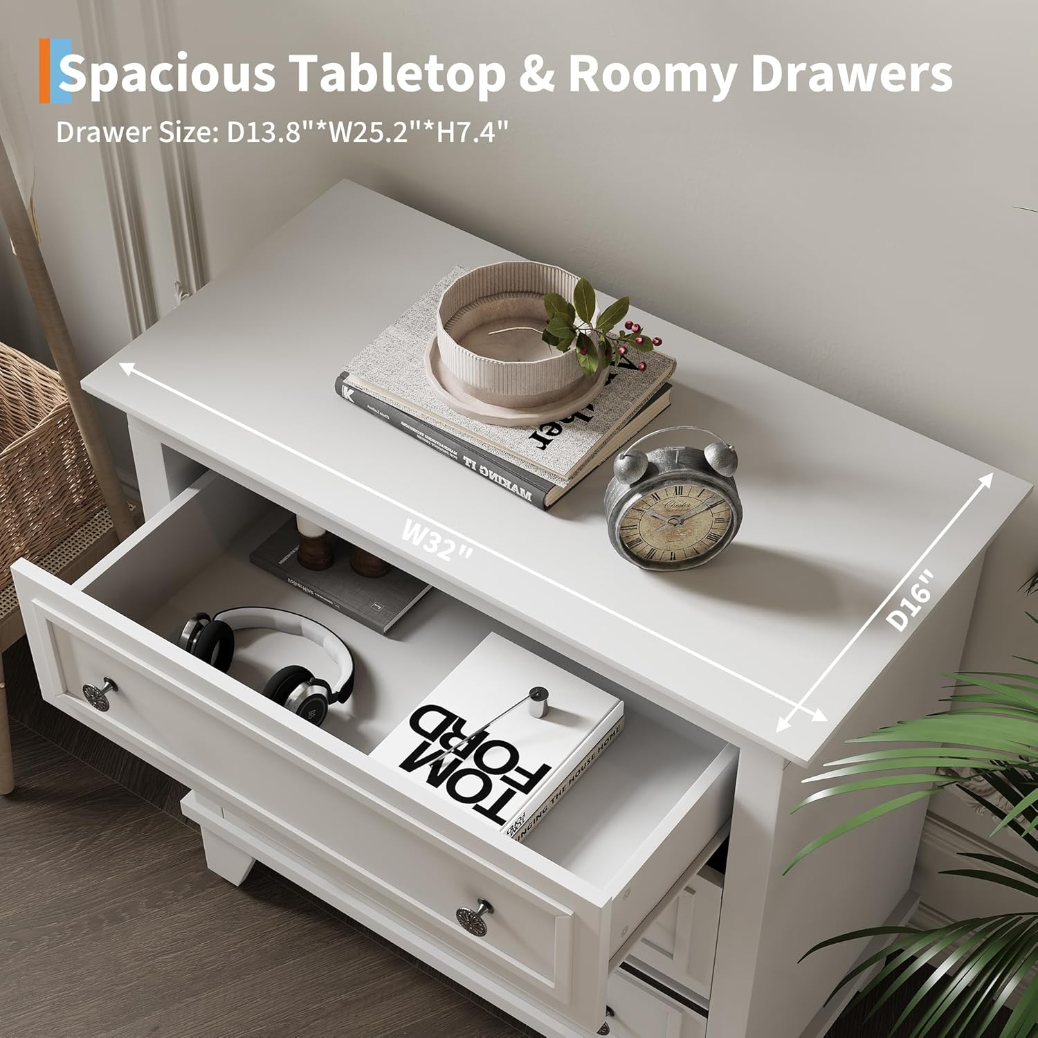 ടോപ്പ് ഡൗൺ view of the dresser's surface, highlighting its width and depth, with a drawer partially open.