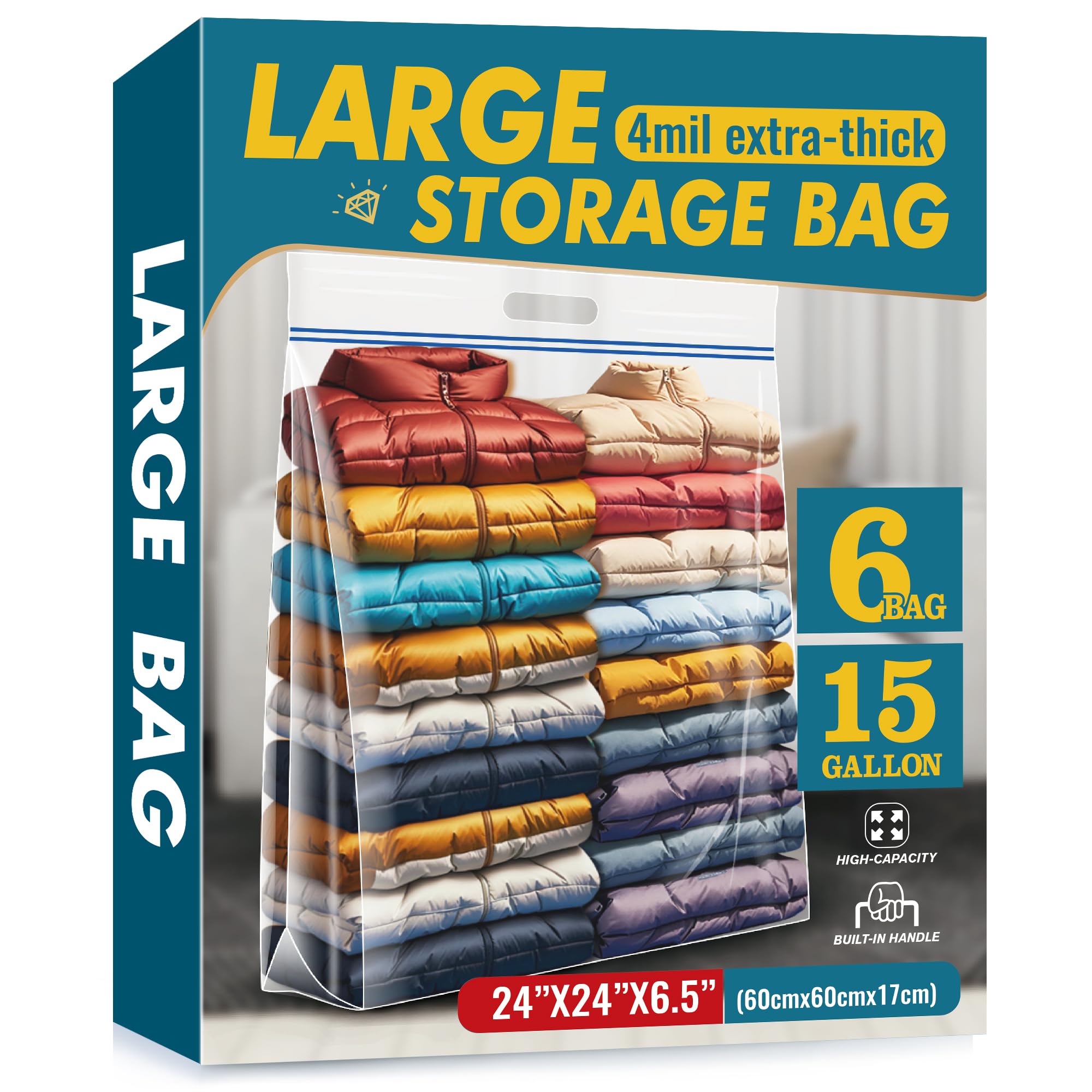 15 Gallon Large Storage Bags, 24" x 24" Clear Plastic Zipper Bags with Handles, Extra Large XL Heavy Duty for Travel Home Moving, Pack of 6