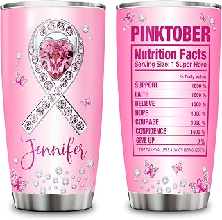 Hyturtle Personalized Gifts for Breast Cancer Awareness Month Warrior Fighter Survivor - Printed Ribbon Nutrition Fact Custom Name 20oz Stainless Steel Tumbler For Women Girl Mom Daughter